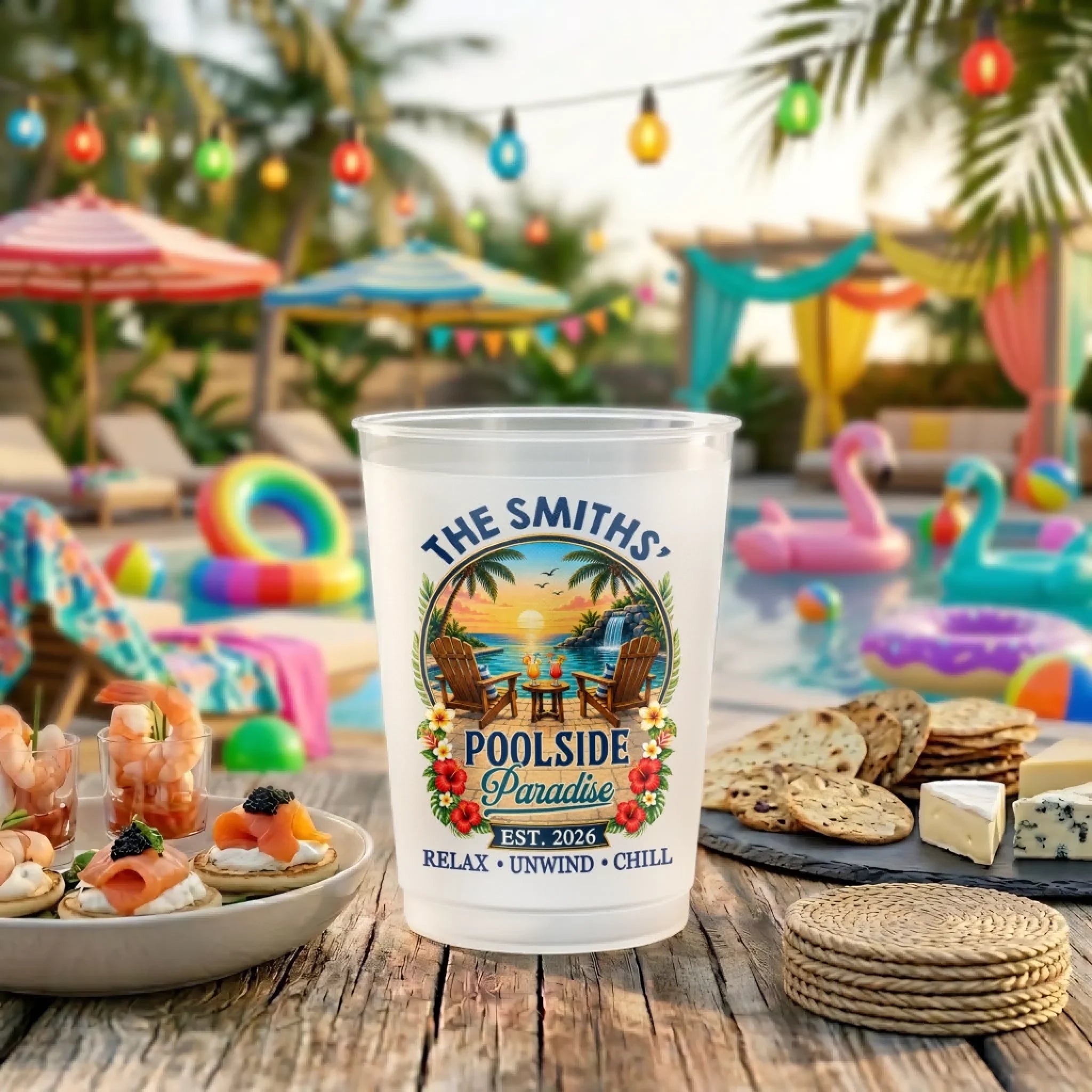 Custom Poolside Party Cups - Personalized Summer Vacation And Travel Gifts For Mom, Dad, Brother, Sister - Good Times Splashing