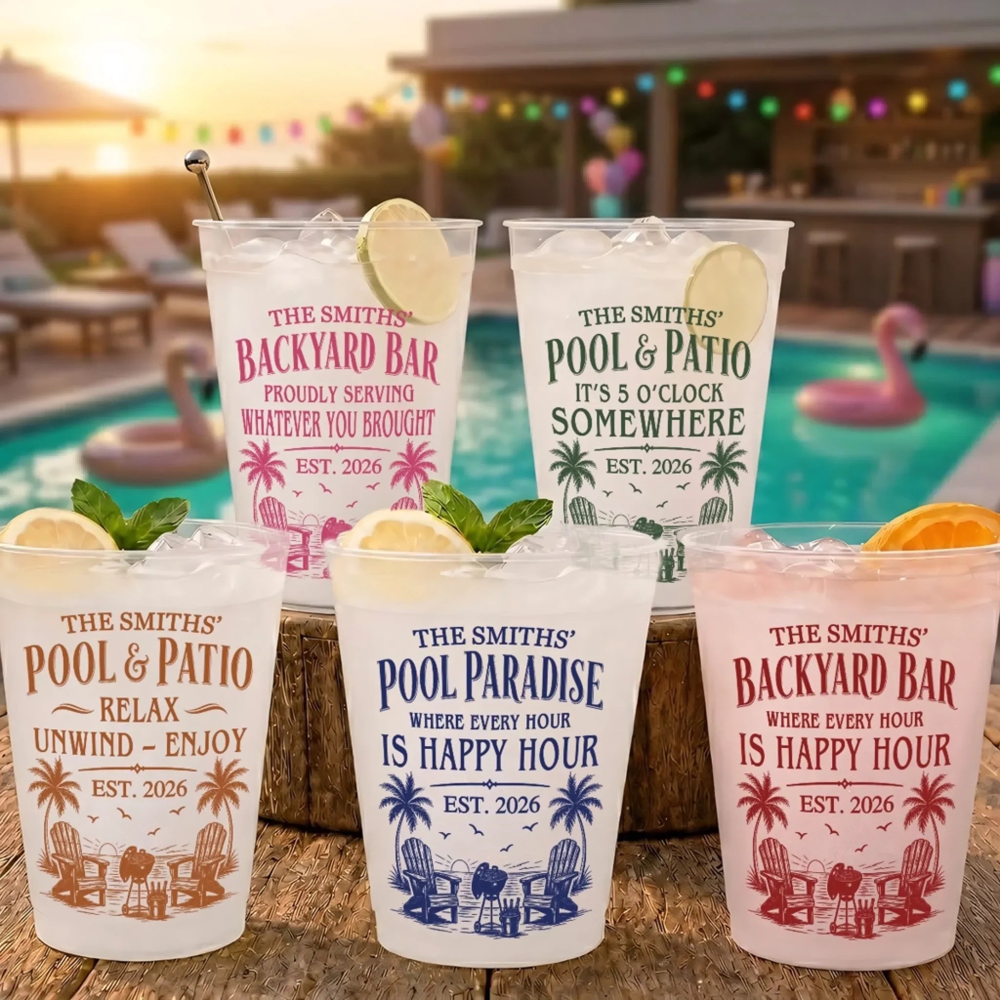 Custom Poolside Party Cups - Personalized Summer Vacation And Travel Gifts For Mom, Dad, Brother, Sister - Sun Splash Repeat