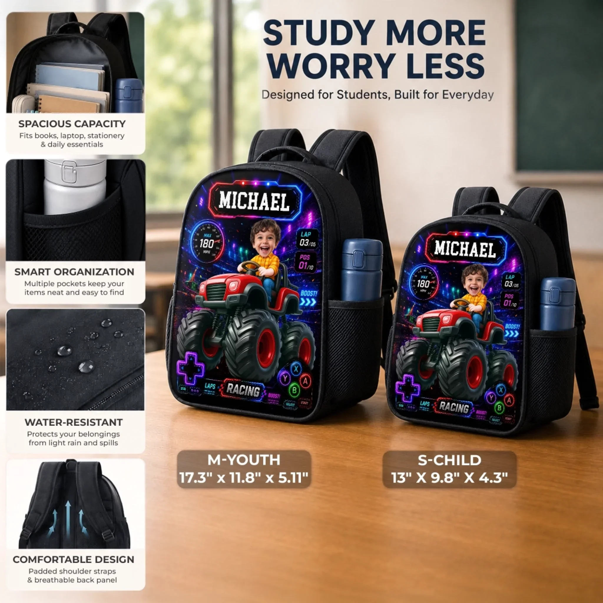 Custom Photo Kids Front Printed Backpack - Personalized Back To School Gifts For Kids - Level Up School Mode