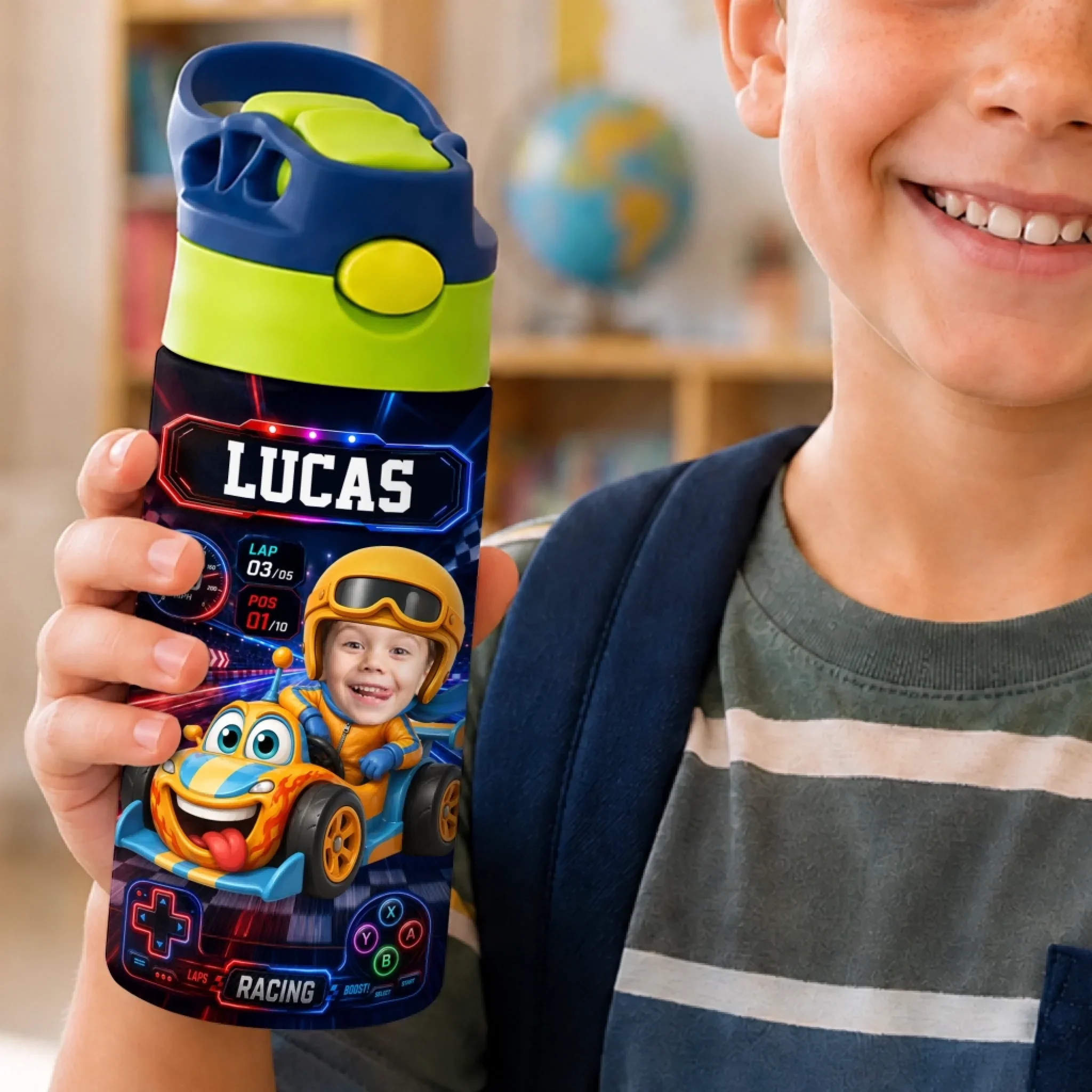 Custom Photo Kids Insulated Water Bottle - Personalized Back To School Gifts For Kids - Tiny Driver Big Dreams