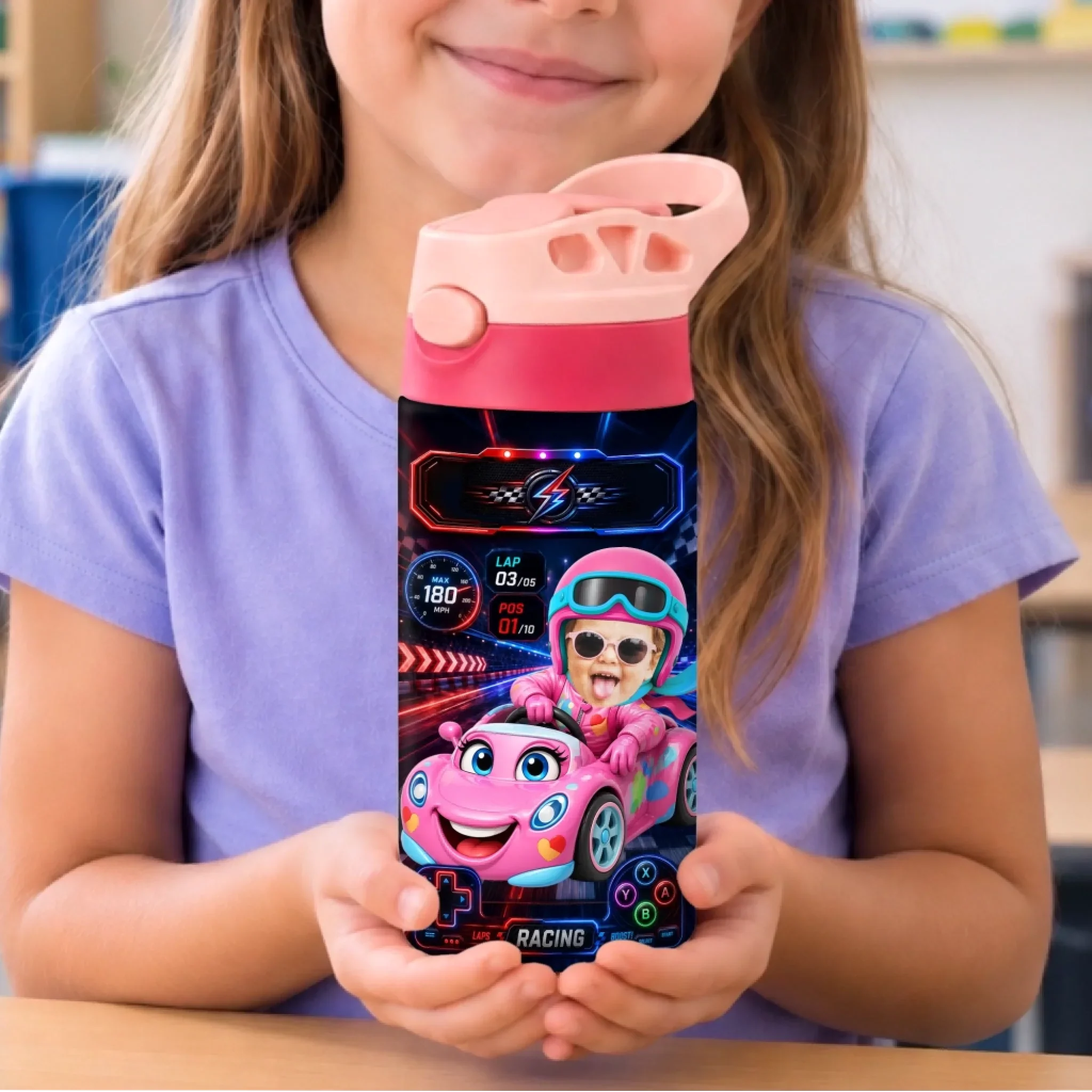 Custom Photo Kids Insulated Water Bottle - Personalized Back To School Gifts For Kids - Tiny Driver Big Dreams