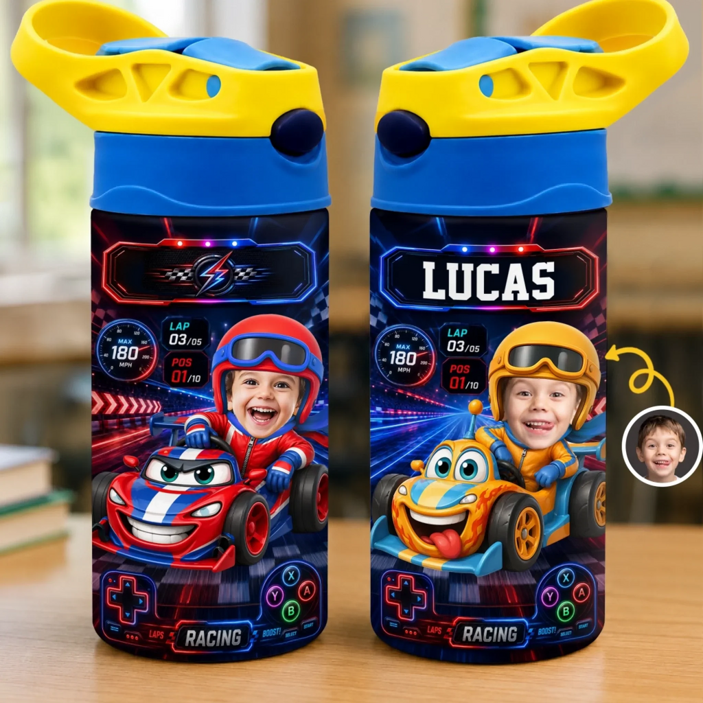 Custom Photo Kids Insulated Water Bottle - Personalized Back To School Gifts For Kids - Tiny Driver Big Dreams