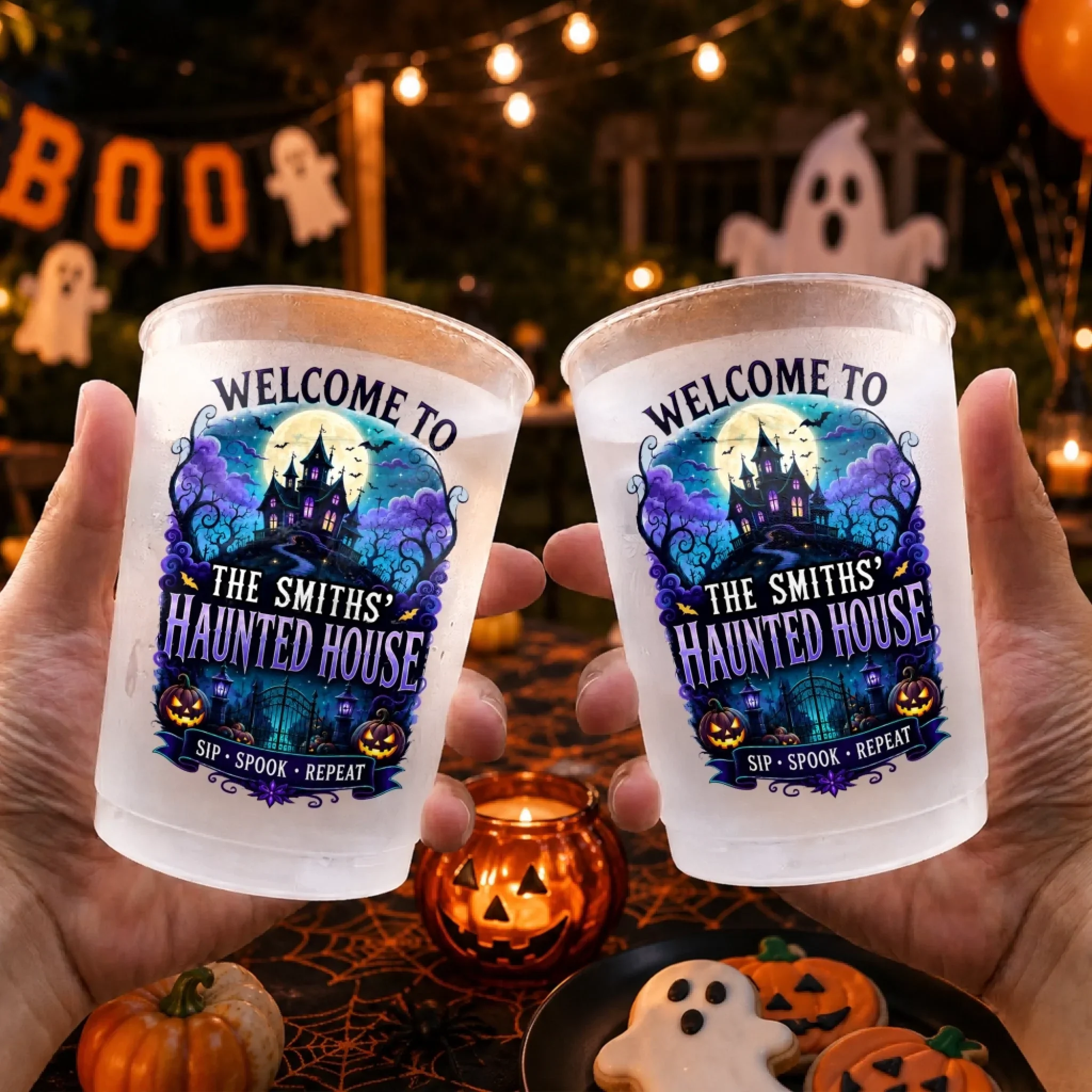 Custom Haunted House Party Cups - Personalized Halloween Gifts For Mom, Dad, Brother, Sister - Welcome To Our Haunted House