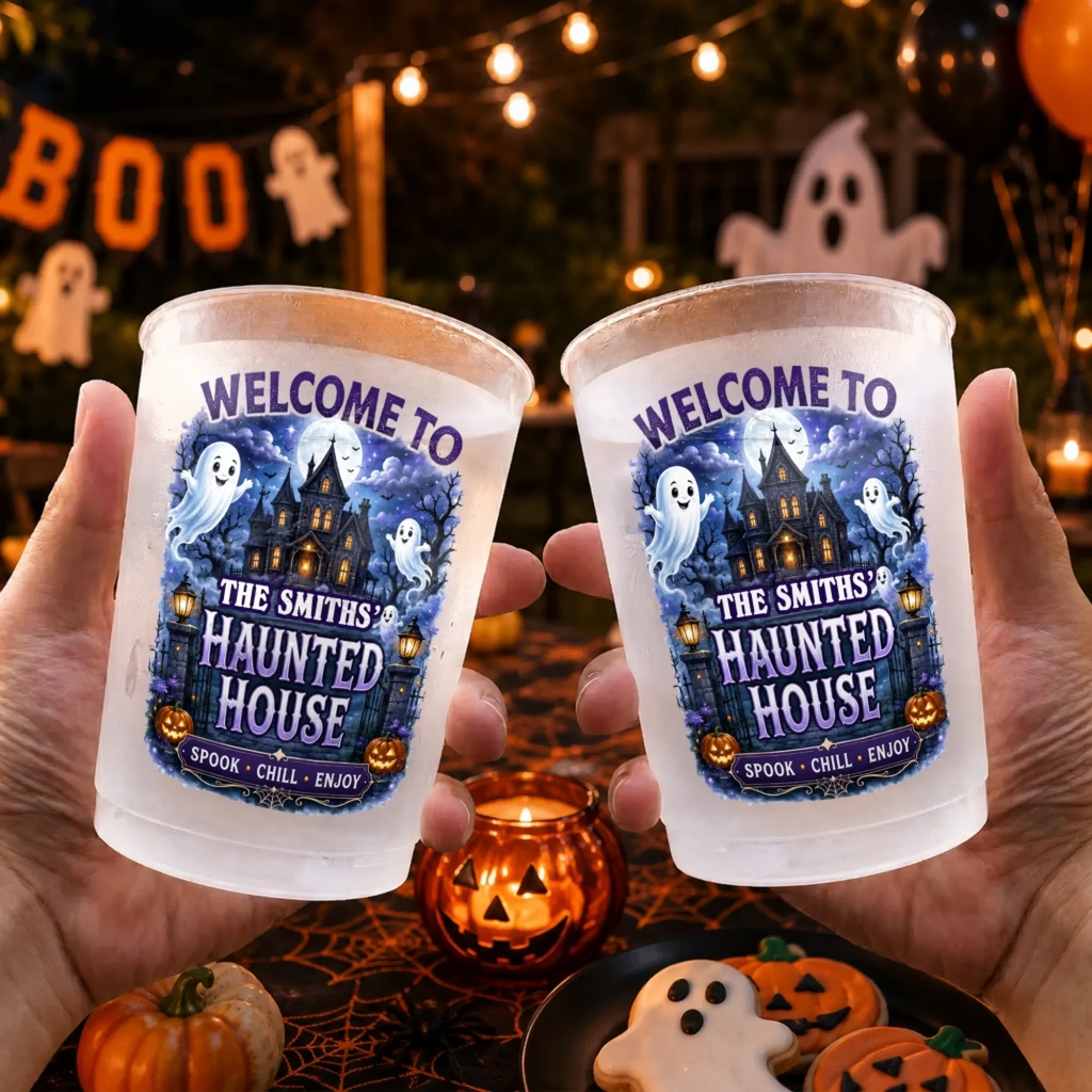Custom Haunted House Party Cups - Personalized Halloween Gifts For Mom, Dad, Brother, Sister - Haunted House Party Crew
