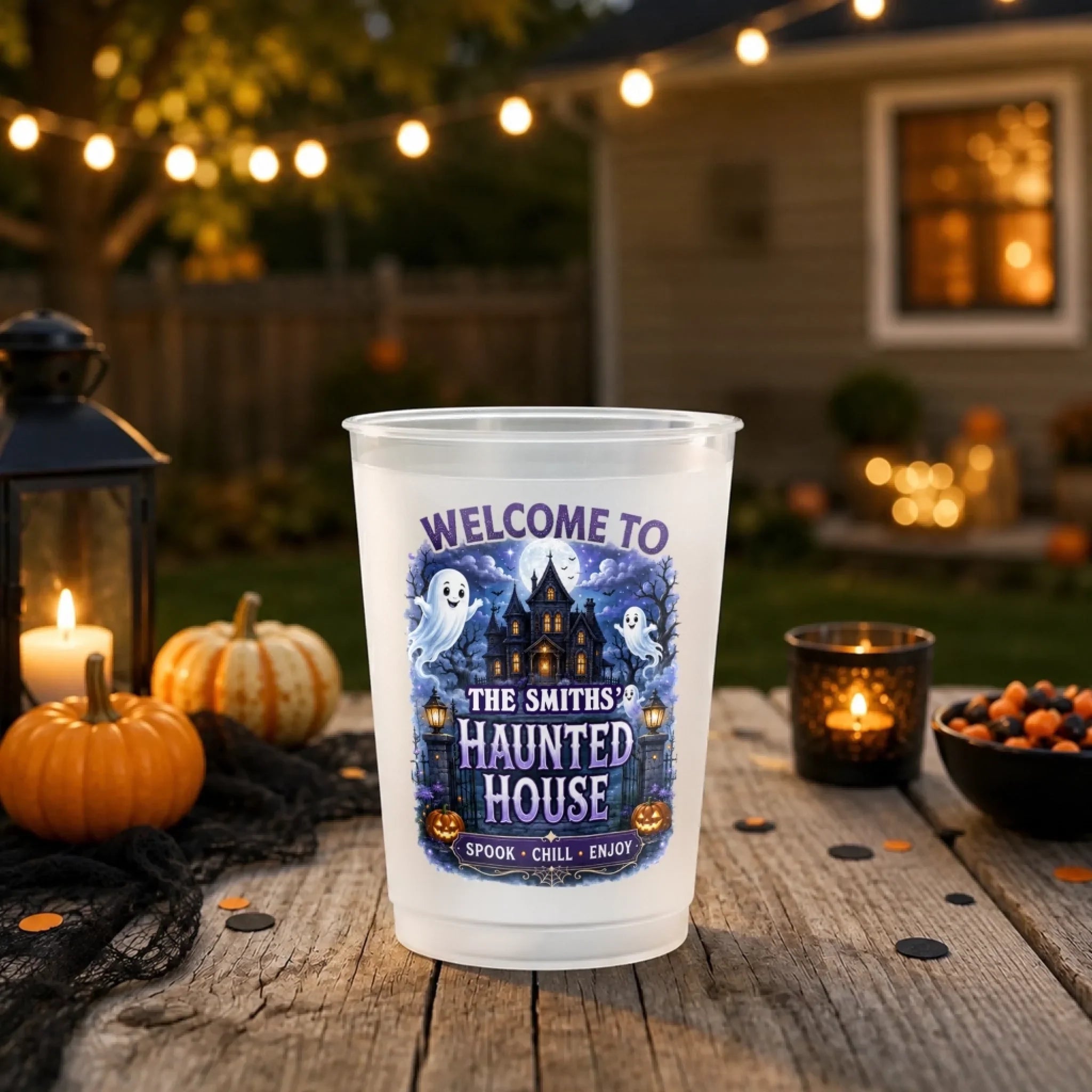 Custom Haunted House Party Cups - Personalized Halloween Gifts For Mom, Dad, Brother, Sister - Haunted House Party Crew