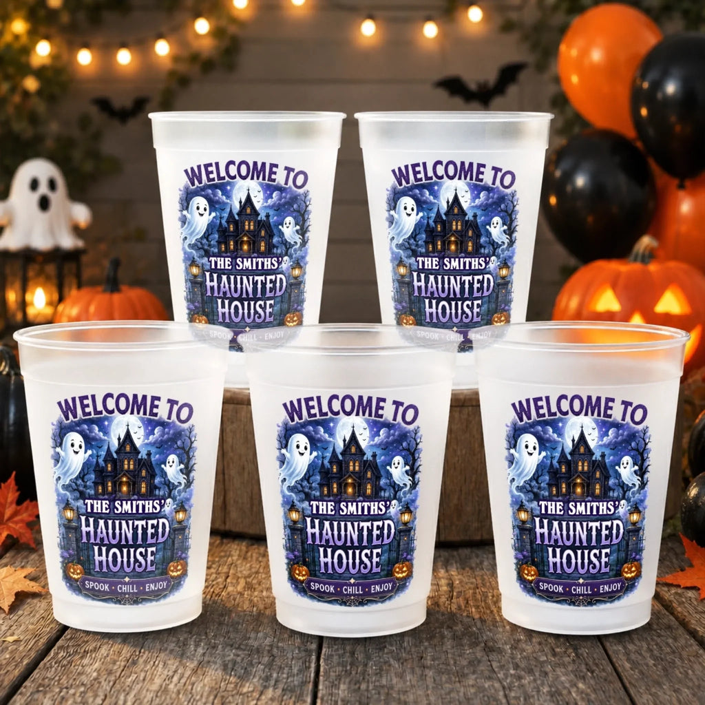 Custom Haunted House Party Cups - Personalized Halloween Gifts For Mom, Dad, Brother, Sister - Haunted House Party Crew