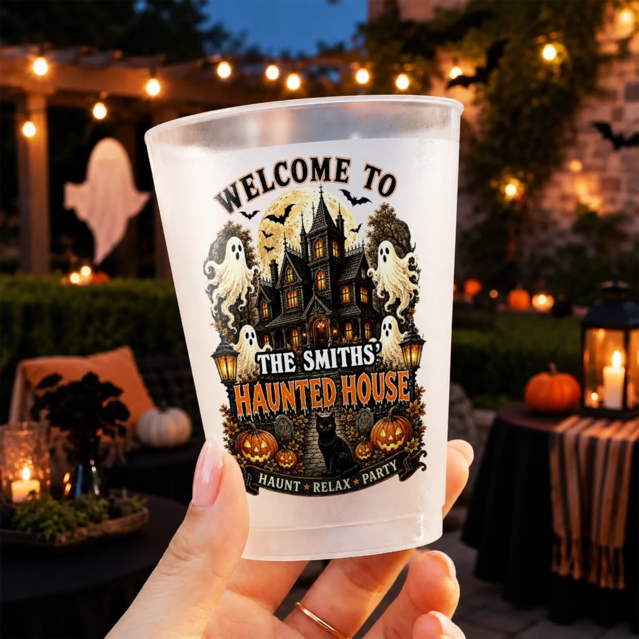 Custom Haunted House Party Cups - Personalized Halloween Gifts For Mom, Dad, Brother, Sister - Black Cat Spooky House
