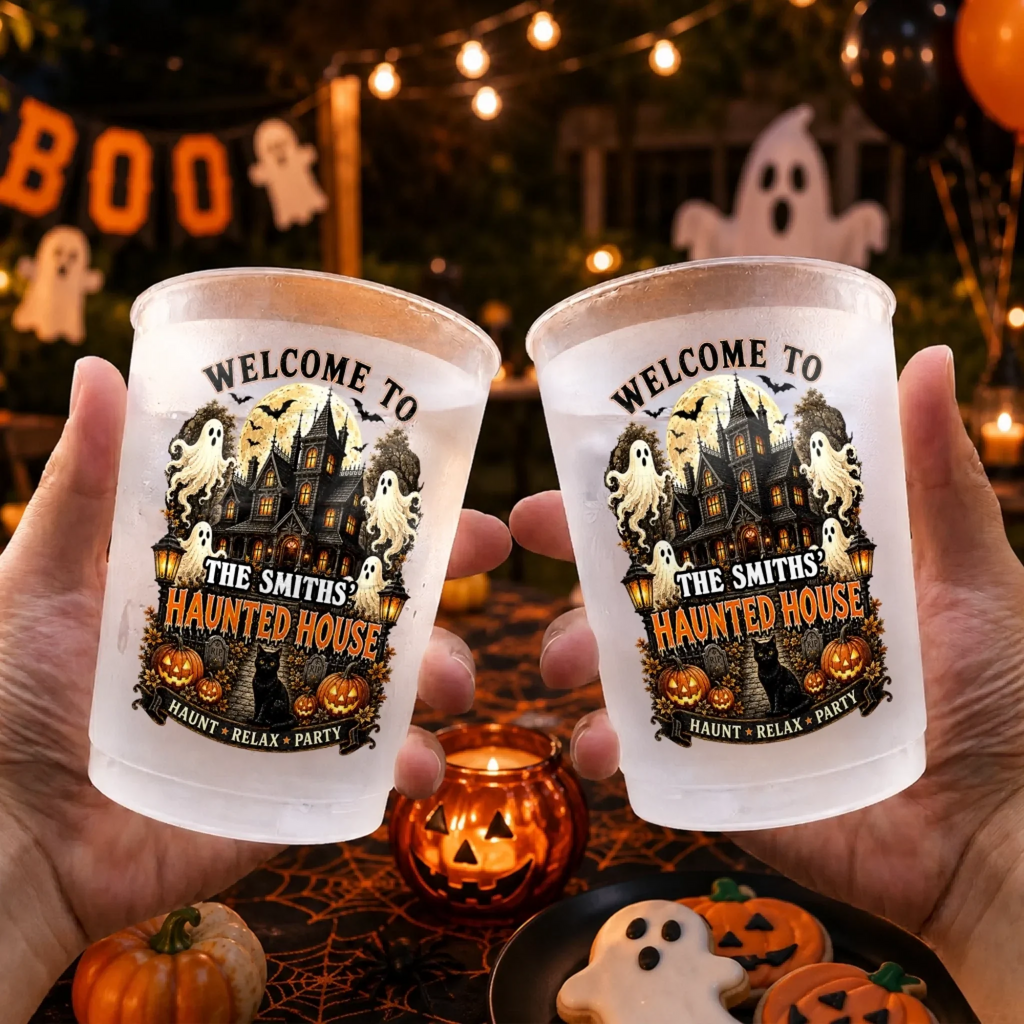 Custom Haunted House Party Cups - Personalized Halloween Gifts For Mom, Dad, Brother, Sister - Black Cat Spooky House