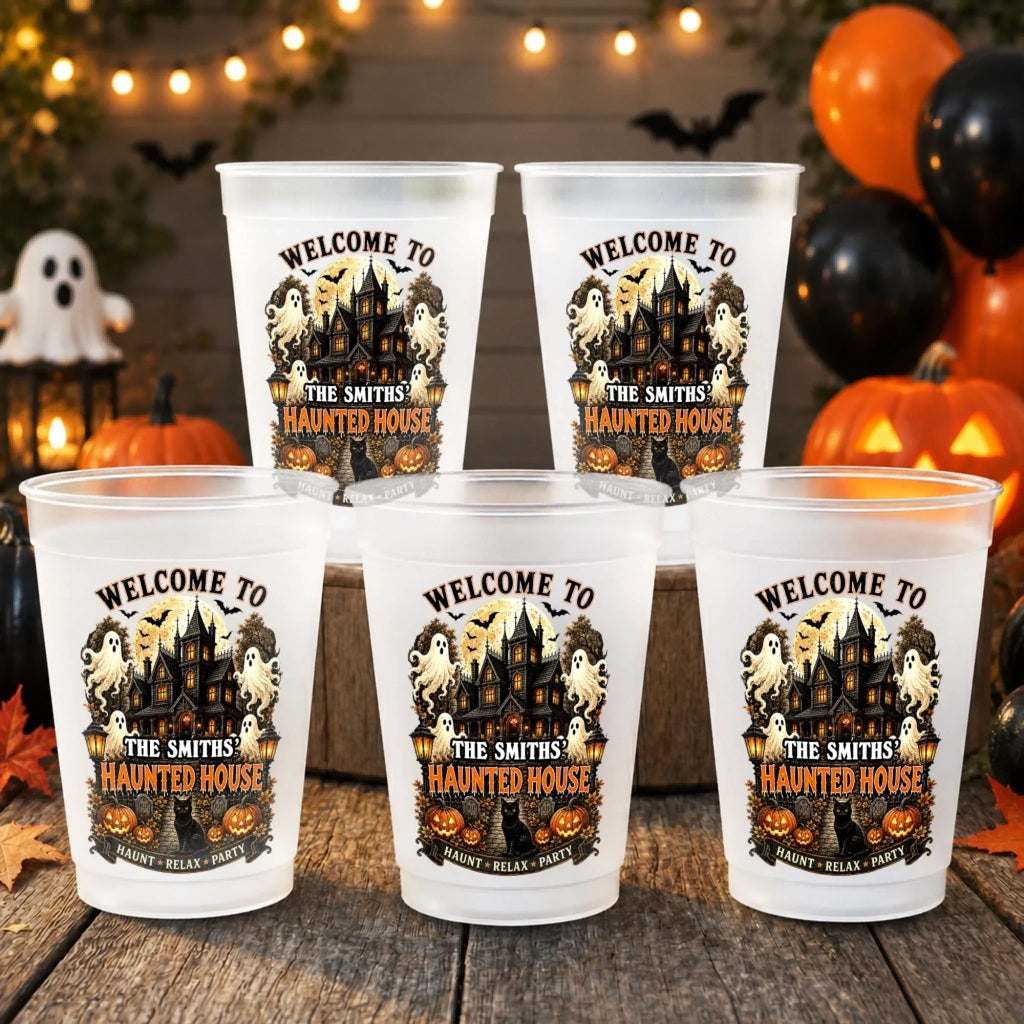 Custom Haunted House Party Cups - Personalized Halloween Gifts For Mom, Dad, Brother, Sister - Black Cat Spooky House