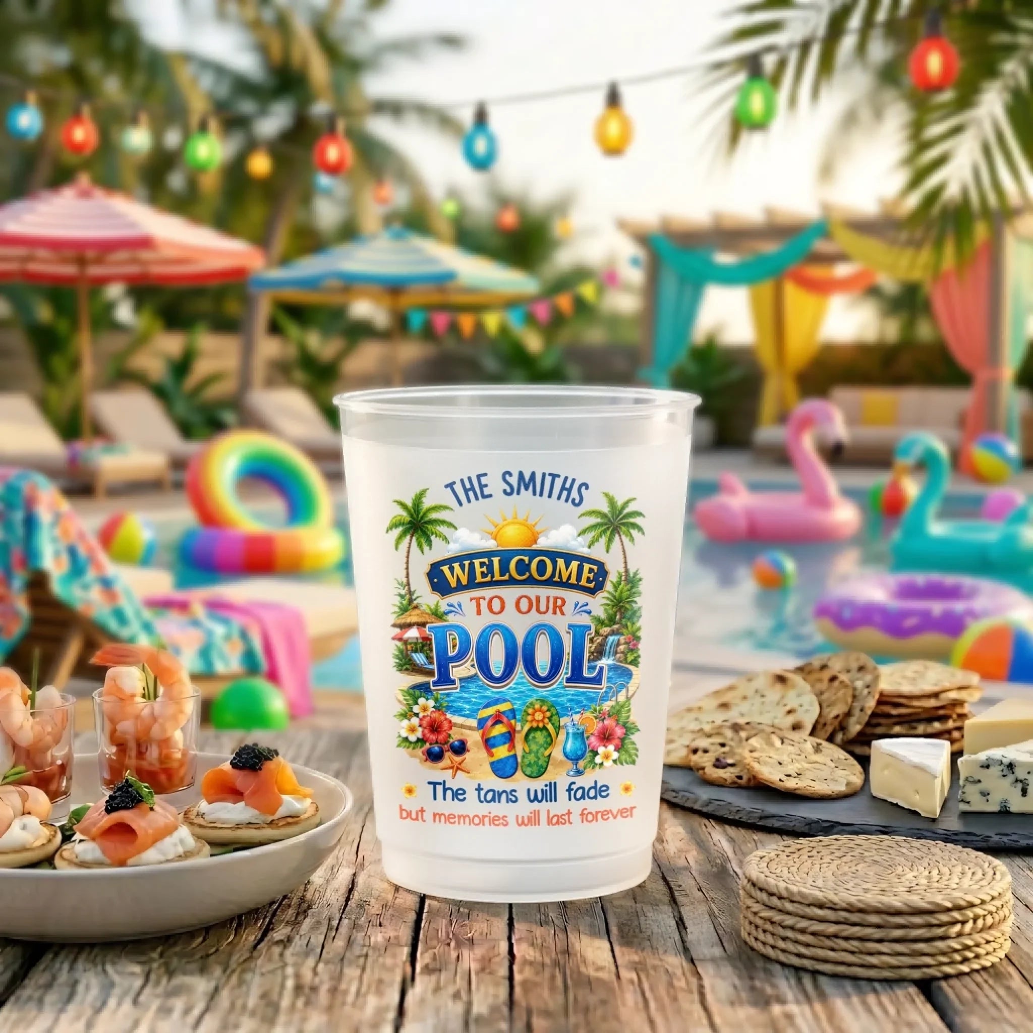 Custom Poolside Party Cups - Personalized Summer Vacation And Travel Gifts For Mom, Dad, Brother, Sister - Family Fun Under The Sun