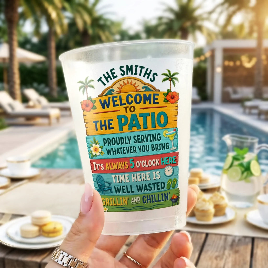 Custom Patio Party Cups - Personalized Summer Vacation And Travel Gifts For Mom, Dad, Brother, Sister - Gather Laugh Repeat