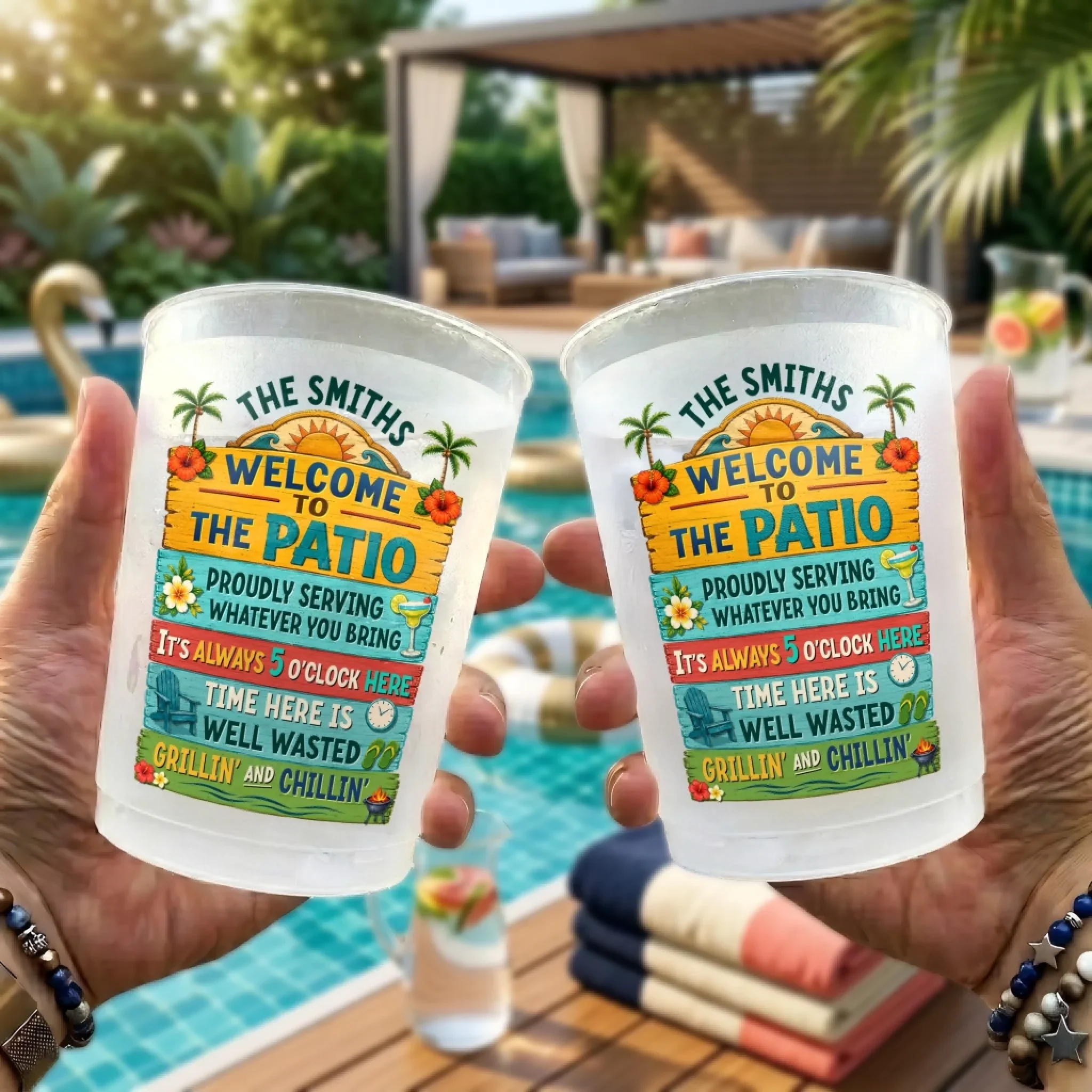 Custom Patio Party Cups - Personalized Summer Vacation And Travel Gifts For Mom, Dad, Brother, Sister - Gather Laugh Repeat