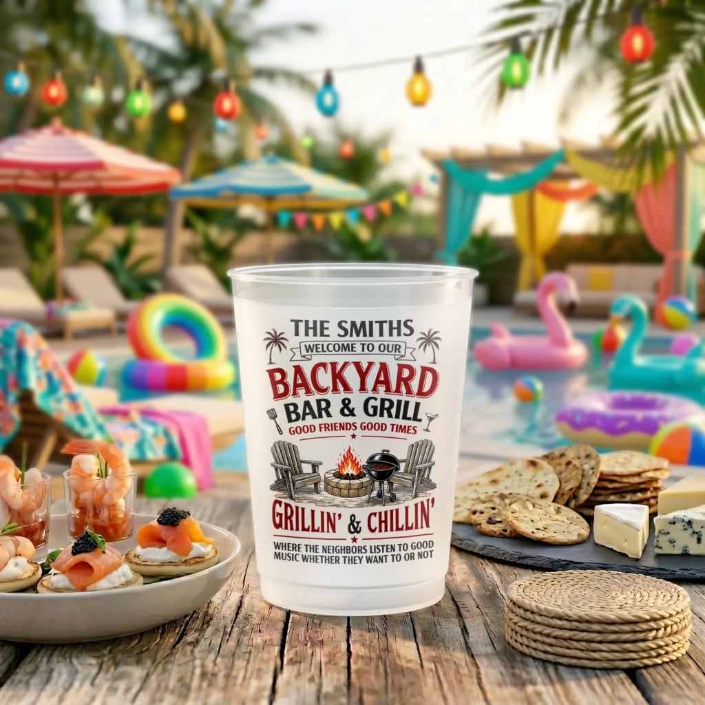Custom Backyard Bar Party Cups - Personalized Summer Vacation And Travel Gifts For Mom, Dad, Brother, Sister - Savor The Moment
