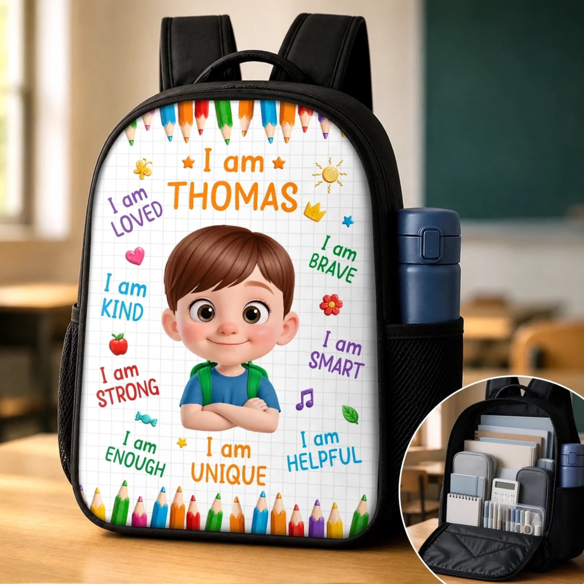Custom Kids Backpack & Water Bottle Set - Personalized Back To School Gifts For Kids - New Season New Smiles