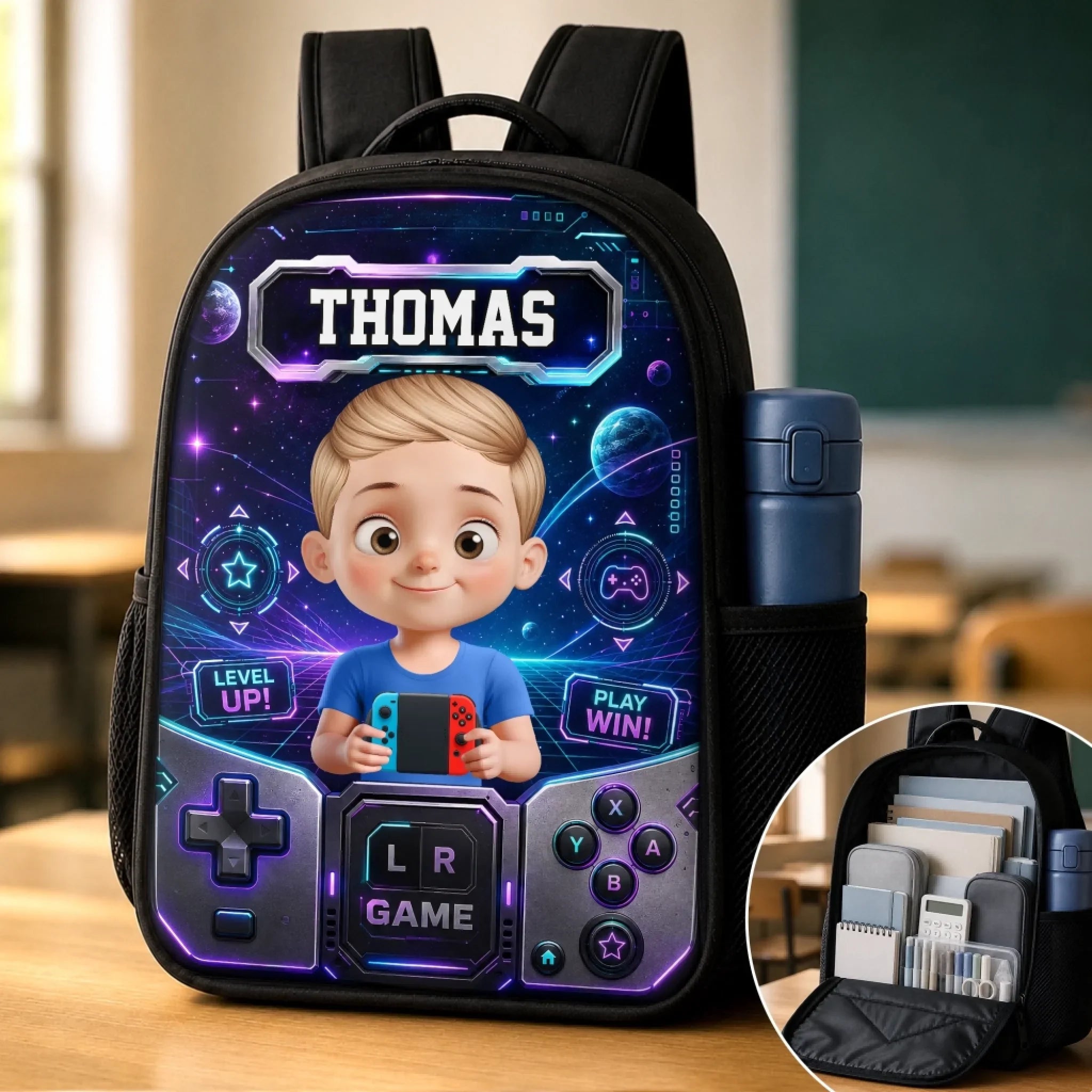 Custom Kids Backpack & Water Bottle Set - Personalized Back To School Gifts For Kids - Level Up Learning