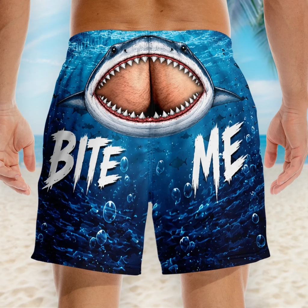 Custom Funny Men Swim Trunks - Personalized Birthday Gifts For Husband, Son, Grandson, Brother, Grandpa, Dad, Yourself - Cheeky Shark Attack