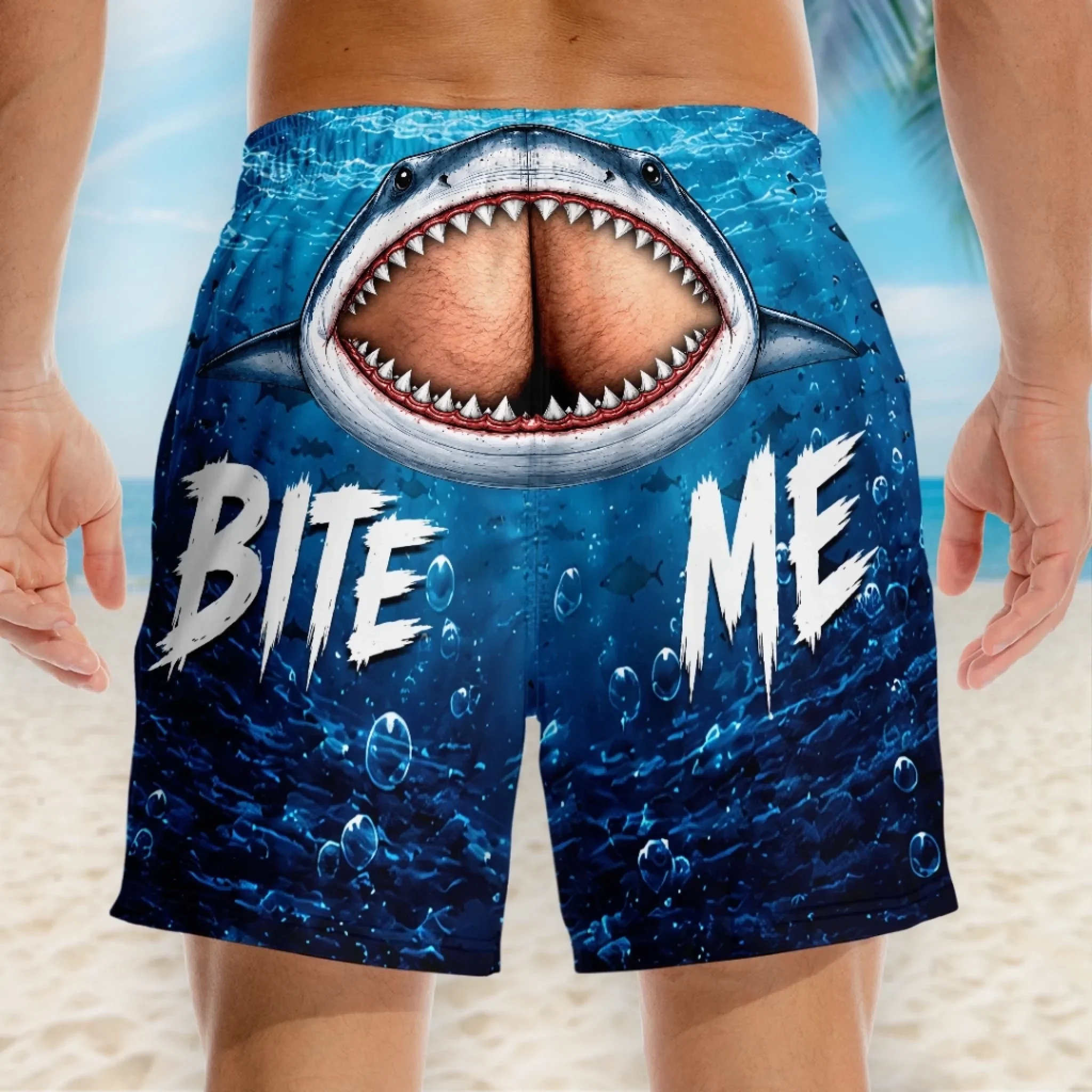 Custom Funny Men Swim Trunks - Personalized Birthday Gifts For Husband, Son, Grandson, Brother, Grandpa, Dad, Yourself - Cheeky Shark Attack