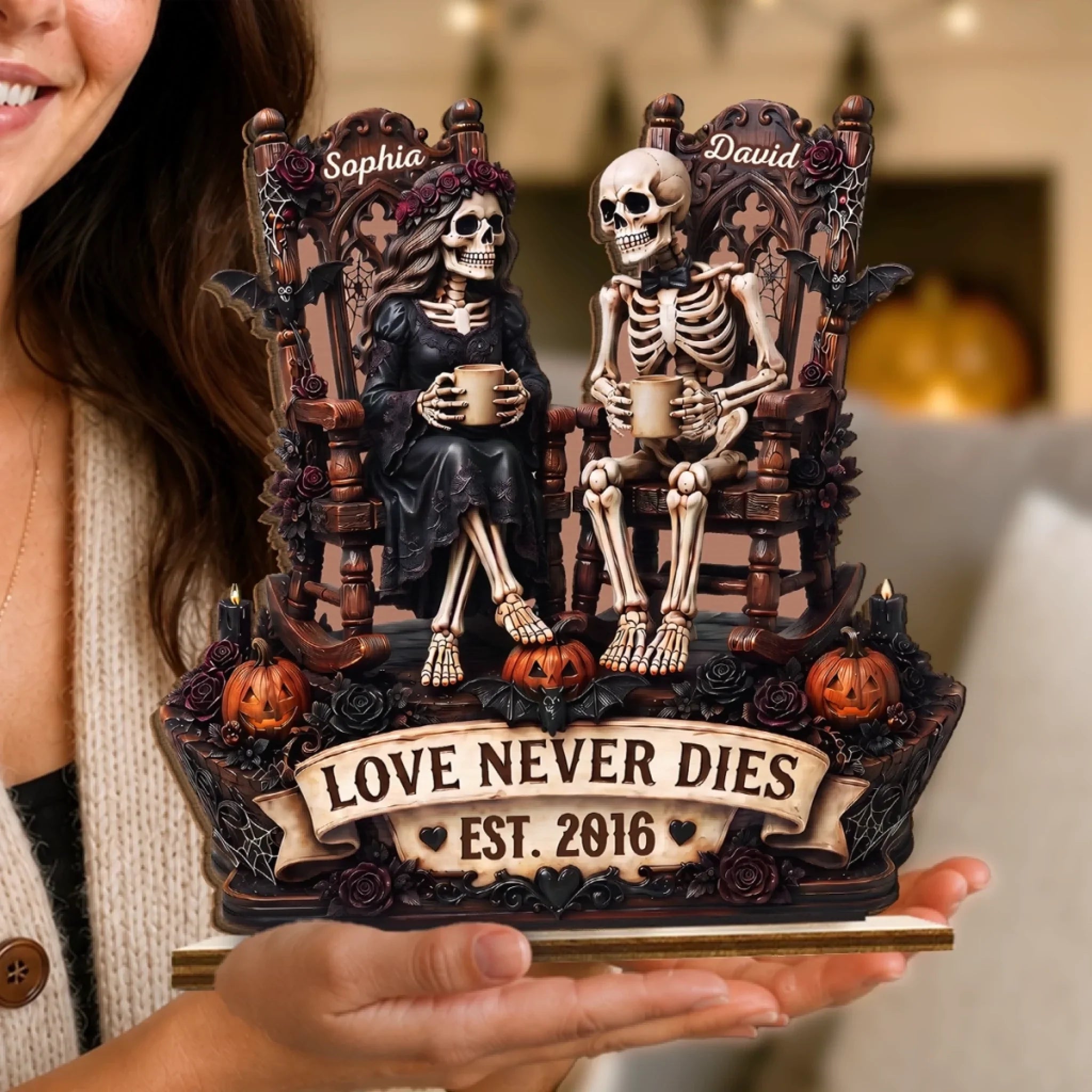 Custom Skeleton 2-Layered Wooden Plaque - Personalized Halloween Decor, Anniversary Wedding Gifts For Husband And Wife, Him And Her - Eternal Love For Us