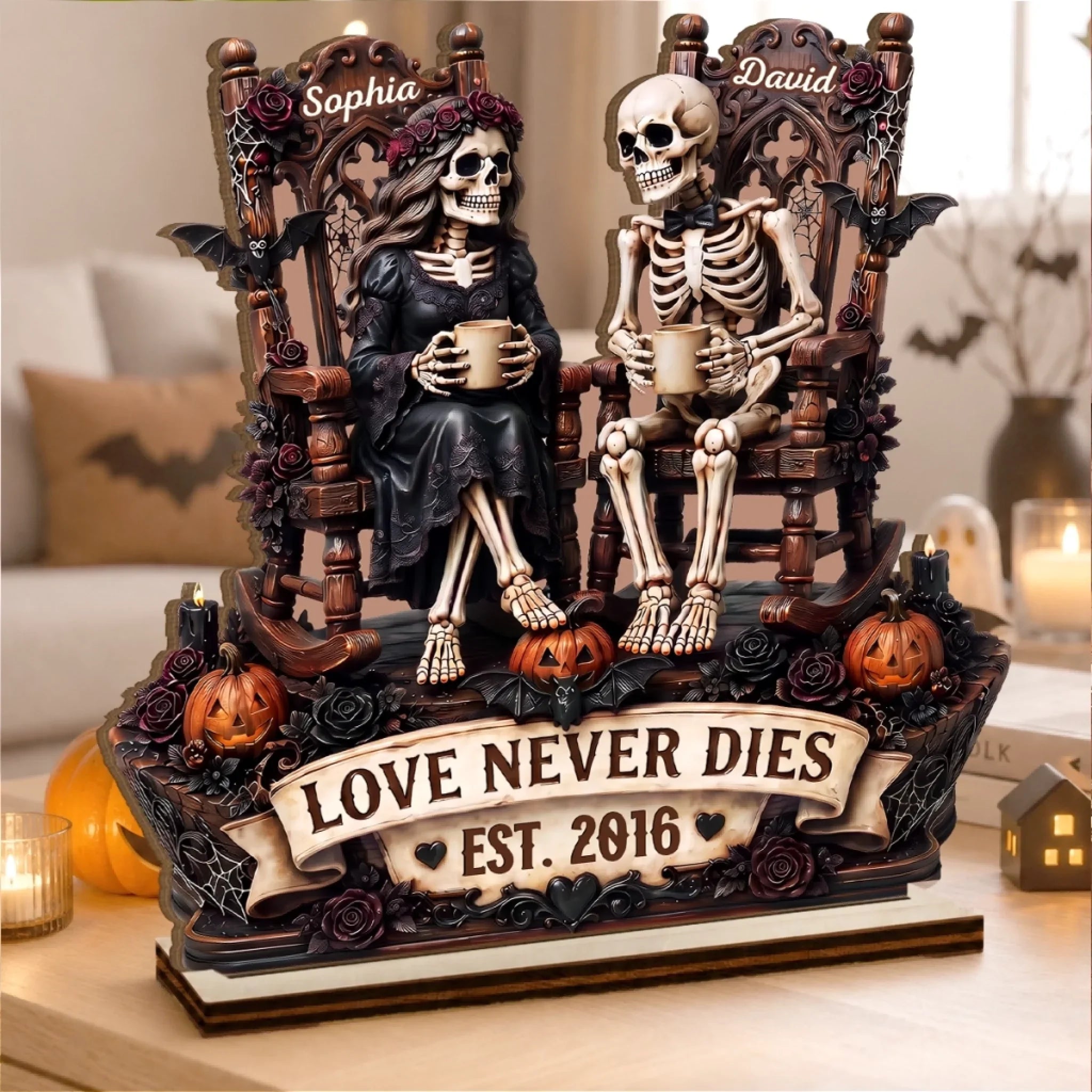 Custom Skeleton 2-Layered Wooden Plaque - Personalized Halloween Decor, Anniversary Wedding Gifts For Husband And Wife, Him And Her - Eternal Love For Us