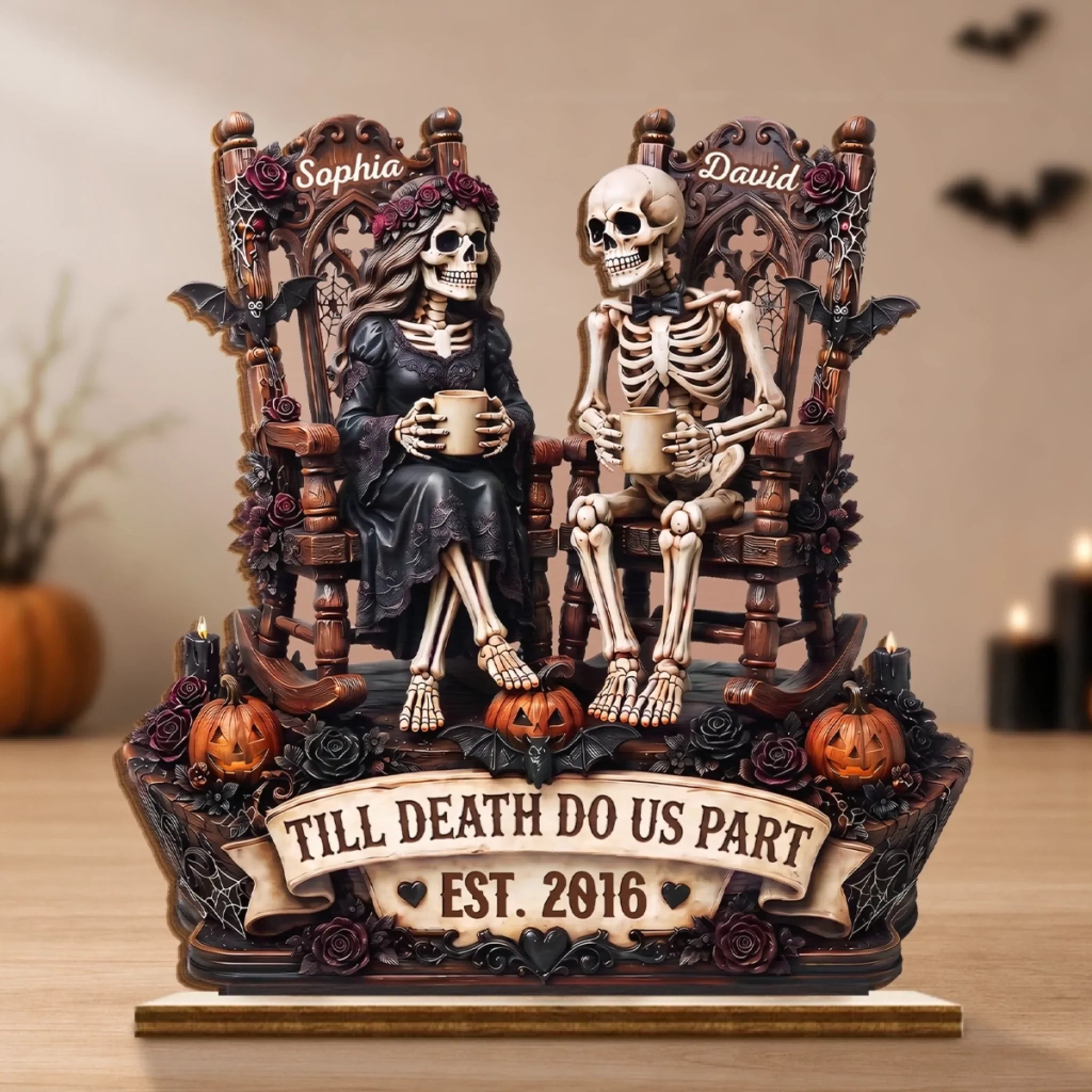 Custom Skeleton 2-Layered Wooden Plaque - Personalized Halloween Decor, Anniversary Wedding Gifts For Husband And Wife, Him And Her - Eternal Love For Us