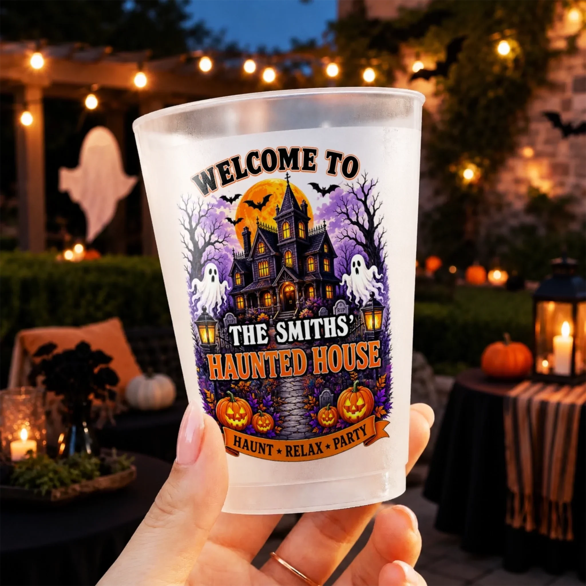 Custom Haunted House Party Cups - Personalized Halloween Gifts For Mom, Dad, Brother, Sister - Spooky Family Haunted House