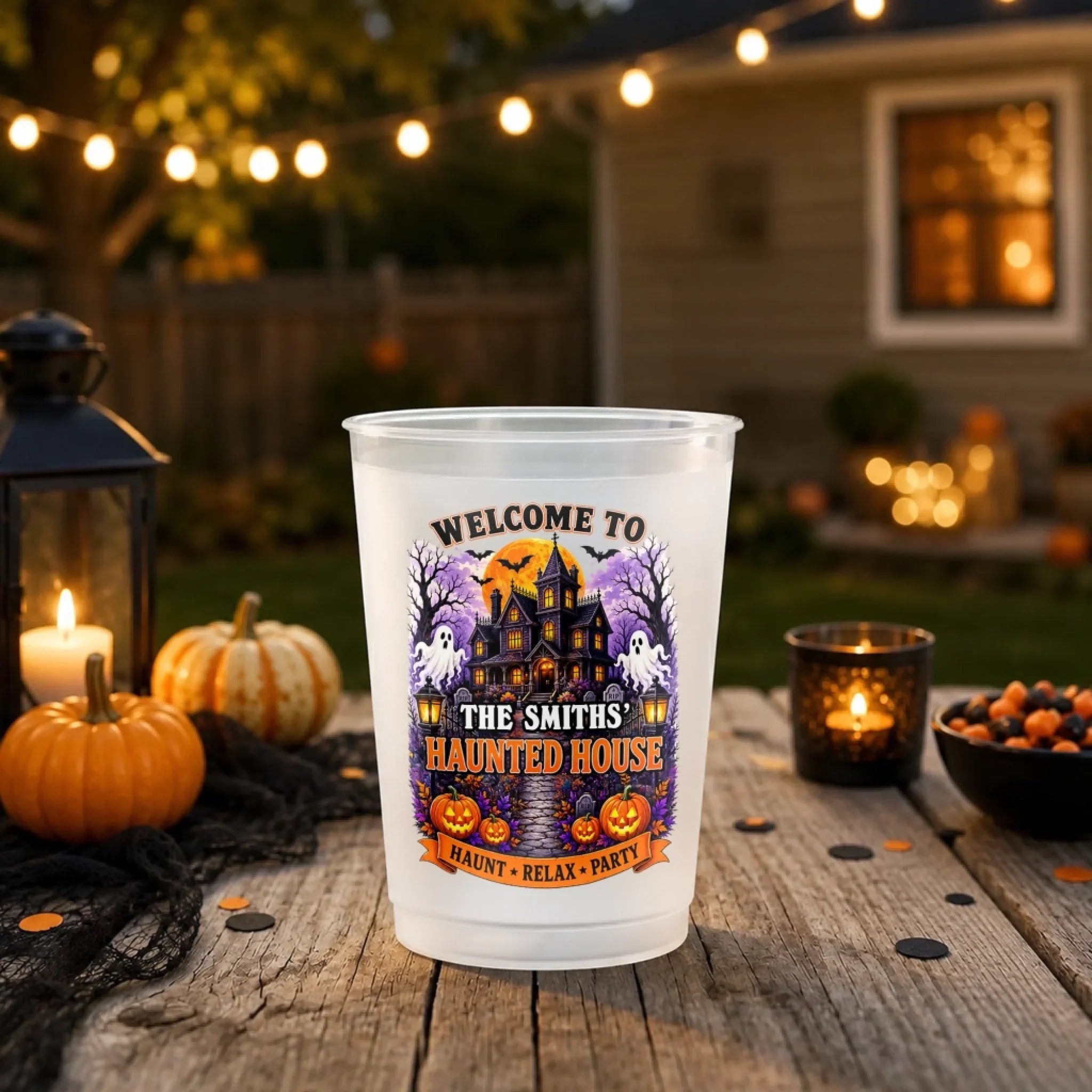 Custom Haunted House Party Cups - Personalized Halloween Gifts For Mom, Dad, Brother, Sister - Spooky Family Haunted House