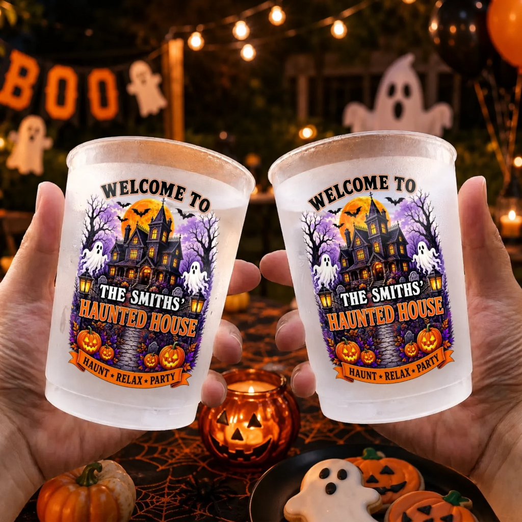Custom Haunted House Party Cups - Personalized Halloween Gifts For Mom, Dad, Brother, Sister - Spooky Family Haunted House