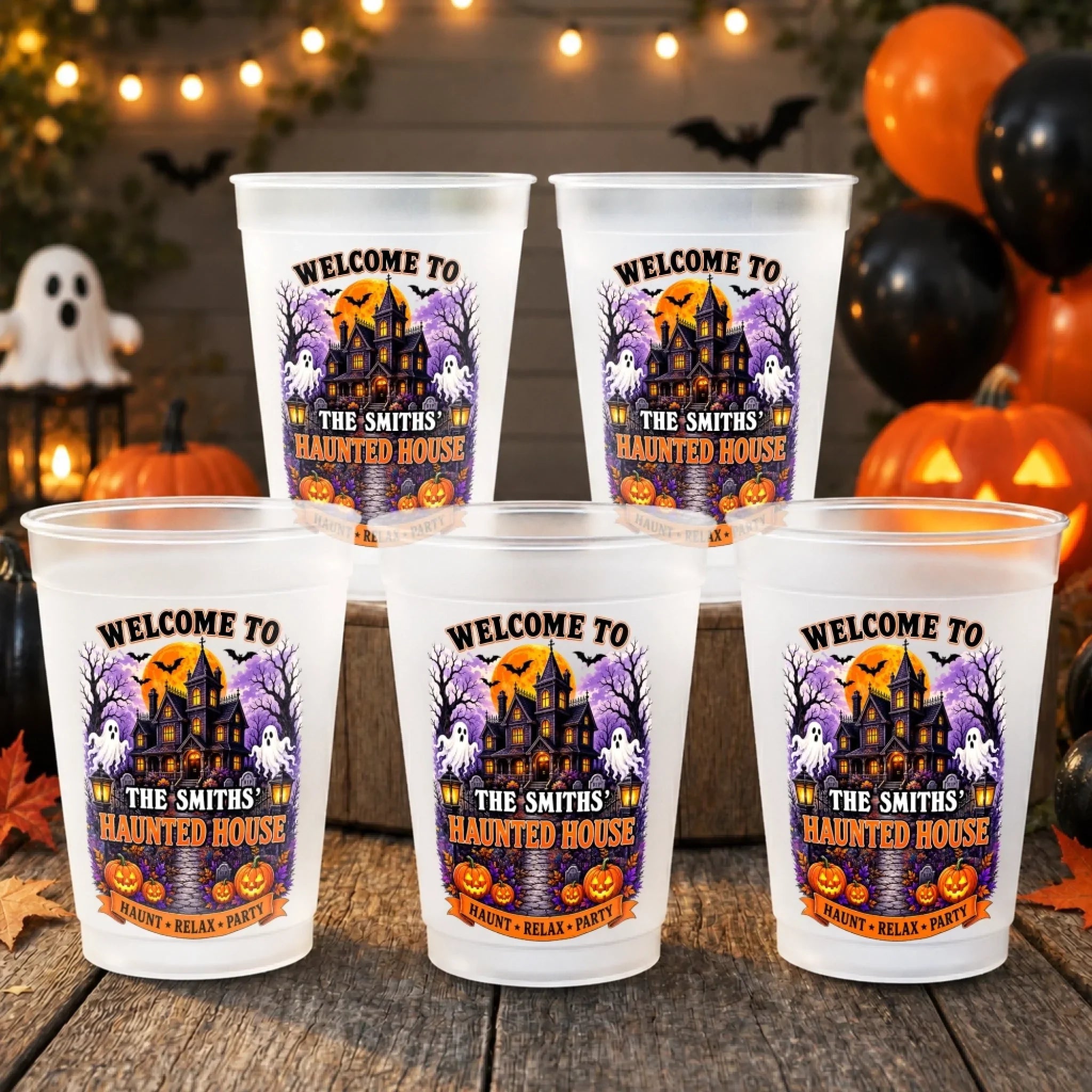 Custom Haunted House Party Cups - Personalized Halloween Gifts For Mom, Dad, Brother, Sister - Spooky Family Haunted House