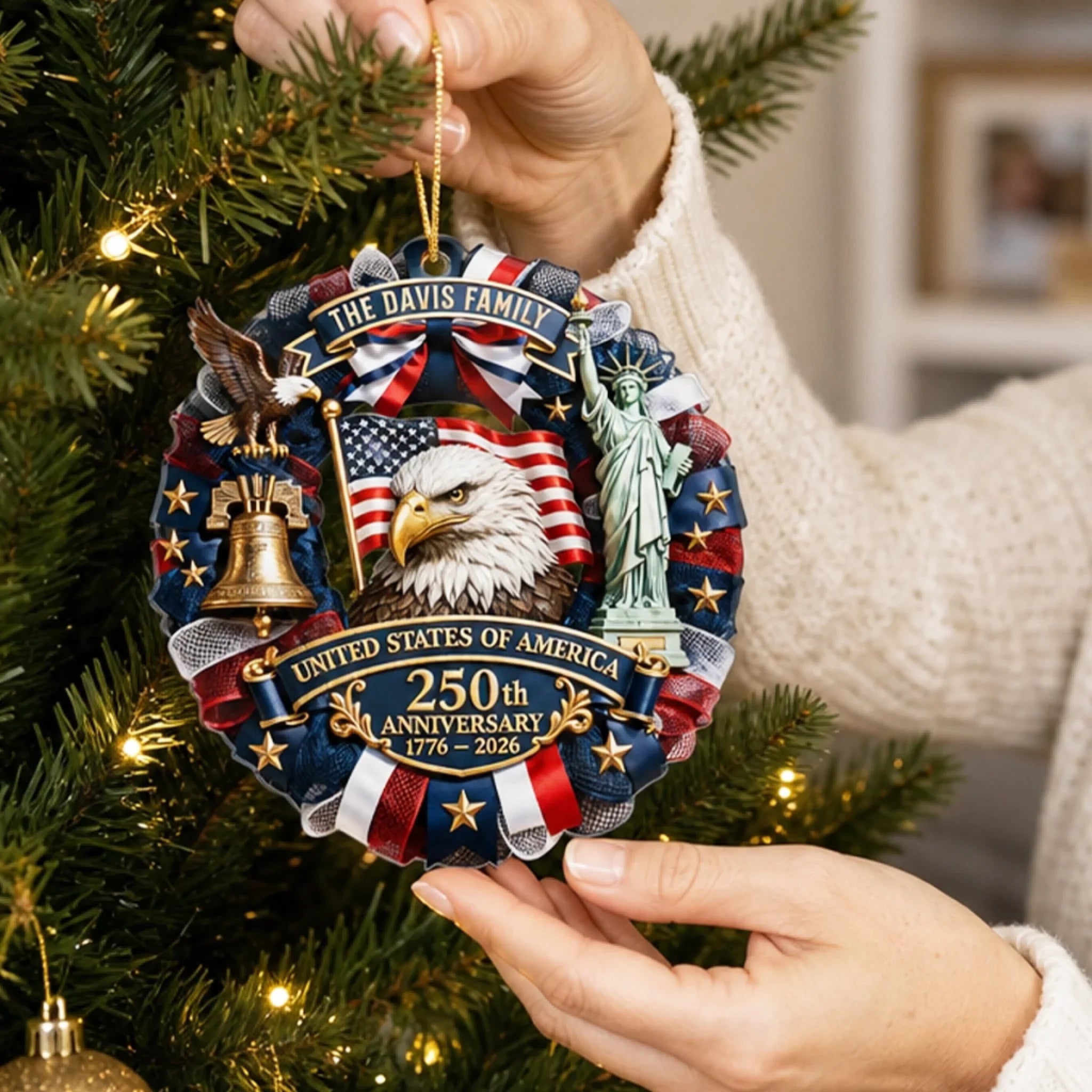 Custom Acrylic Ornament - Personalized America 250th Anniversary Christmas Gifts For Mom, Dad, Brother, Sister - United We Celebrate