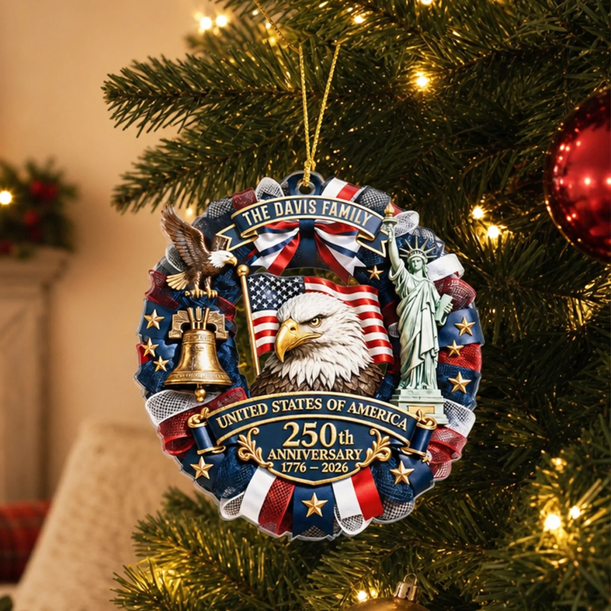 Custom Acrylic Ornament - Personalized America 250th Anniversary Christmas Gifts For Mom, Dad, Brother, Sister - United We Celebrate