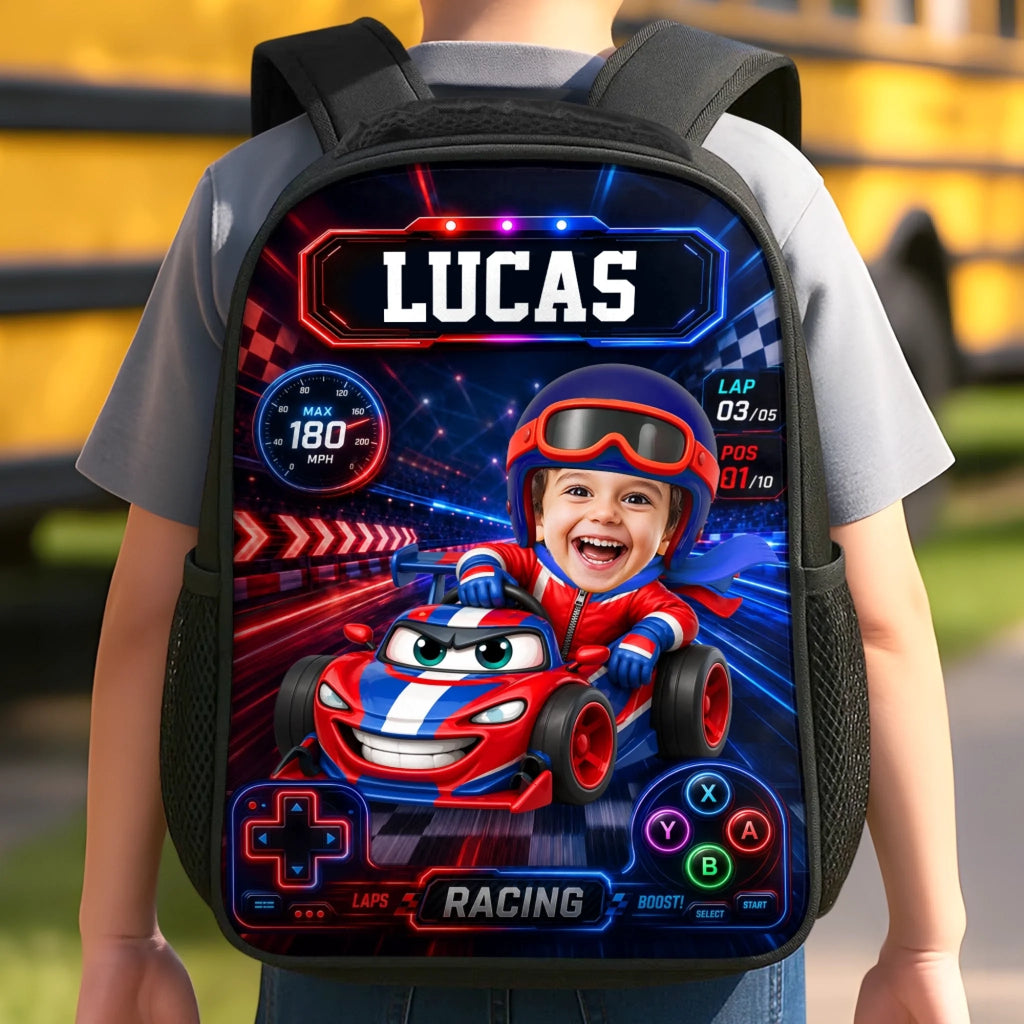 Custom Photo Kids Backpack & Water Bottle Set - Personalized Back To School Gifts For Kids - Fast Lane Ahead
