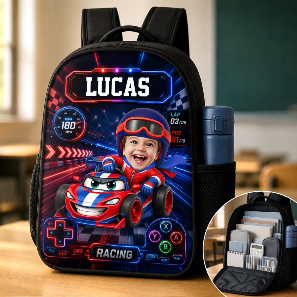 Custom Photo Kids Backpack & Water Bottle Set - Personalized Back To School Gifts For Kids - Fast Lane Ahead