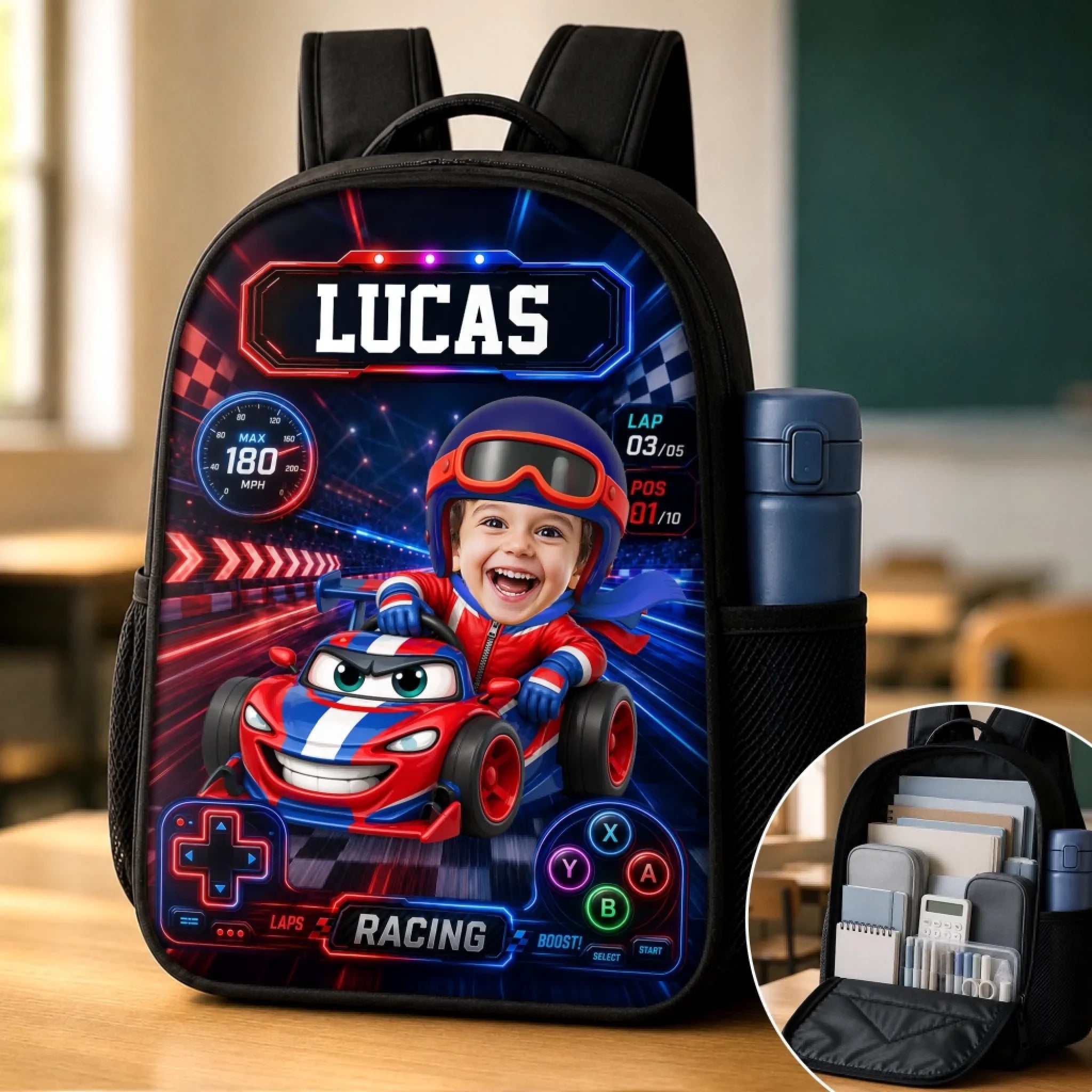 Custom Photo Kids Backpack & Water Bottle Set - Personalized Back To School Gifts For Kids - Fast Lane Ahead