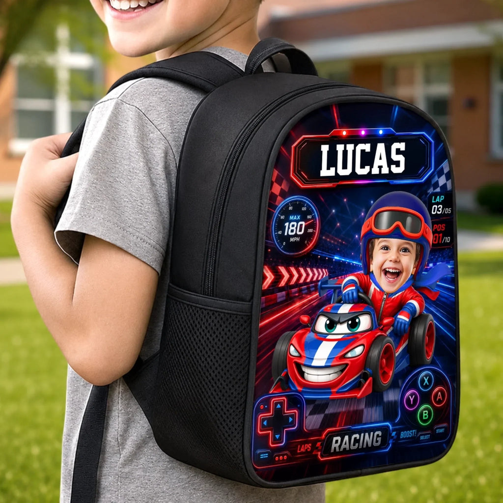 Custom Photo Kids Backpack & Water Bottle Set - Personalized Back To School Gifts For Kids - Fast Lane Ahead