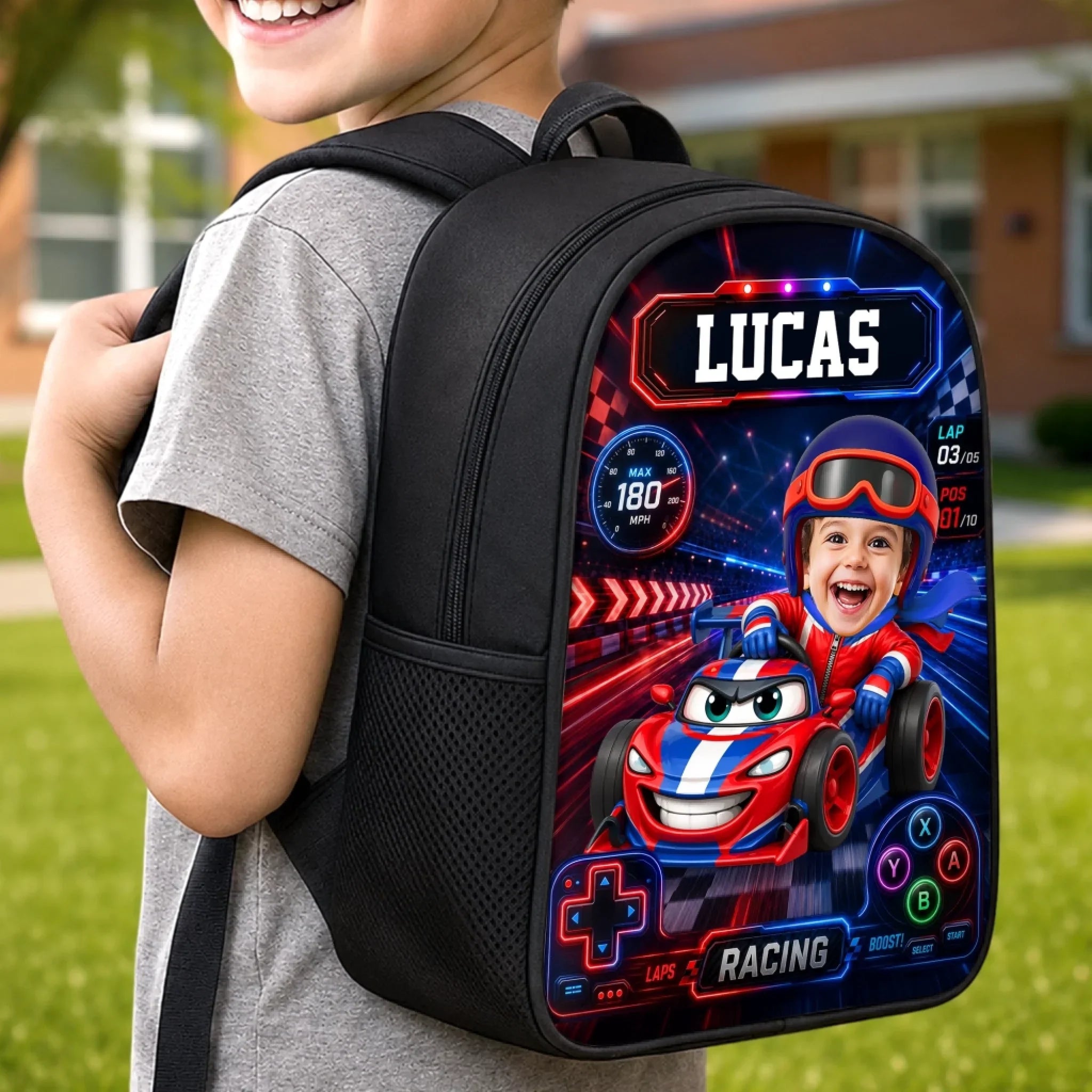 Custom Photo Kids Backpack & Water Bottle Set - Personalized Back To School Gifts For Kids - Fast Lane Ahead