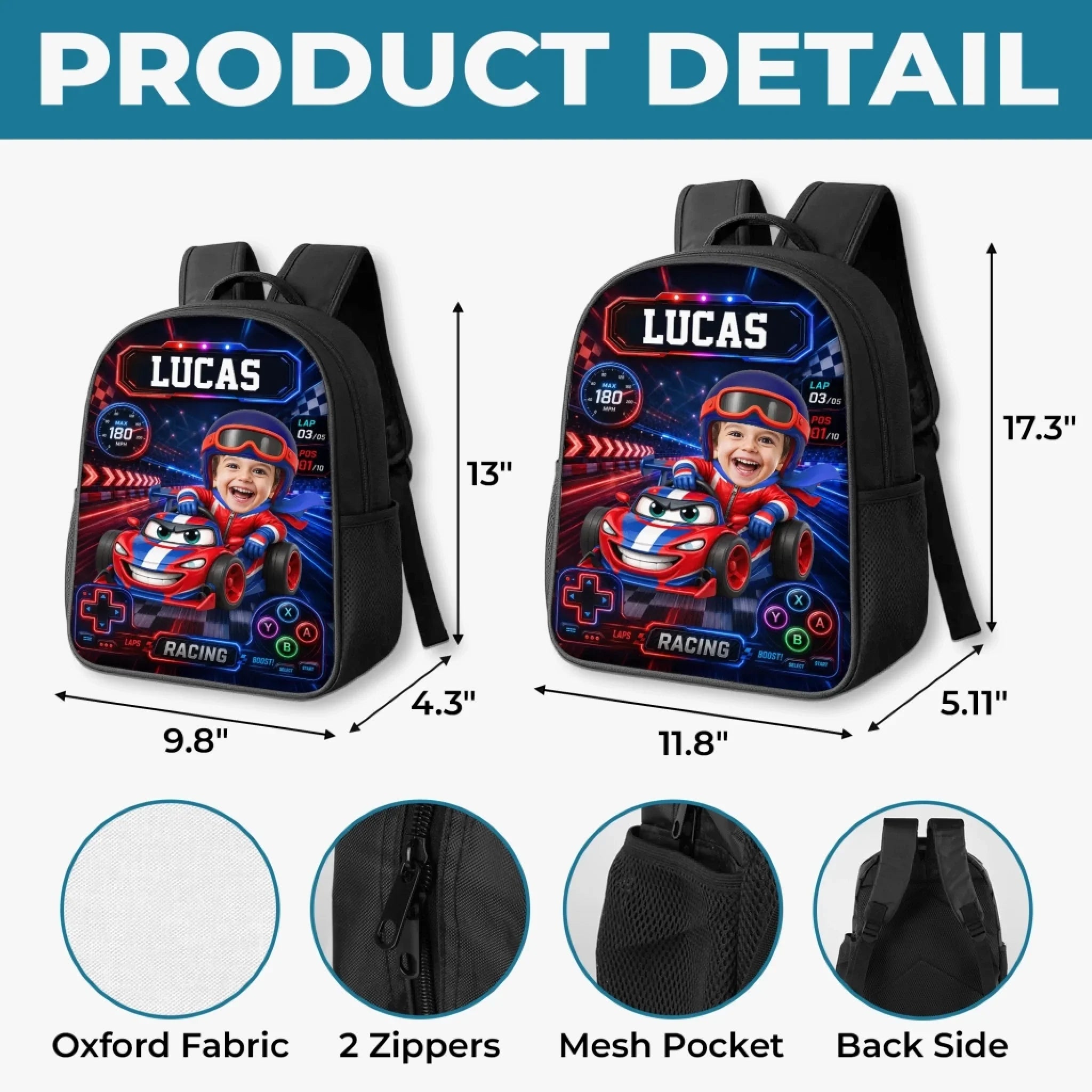 Custom Photo Kids Backpack & Water Bottle Set - Personalized Back To School Gifts For Kids - Fast Lane Ahead