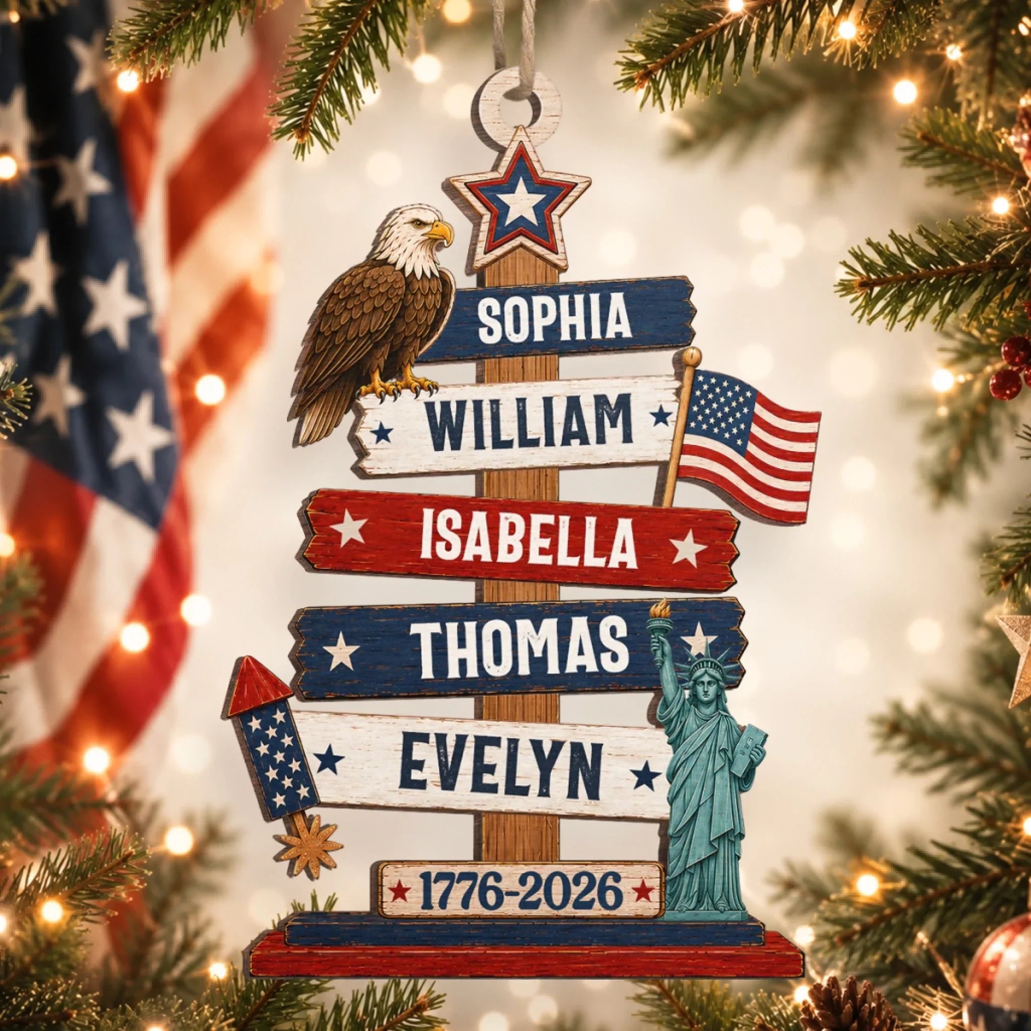 Custom Wooden Ornament - Personalized America 250th Anniversary Christmas Gifts For Mom, Dad, Brother, Sister - Standing Tall In Freedom And Love