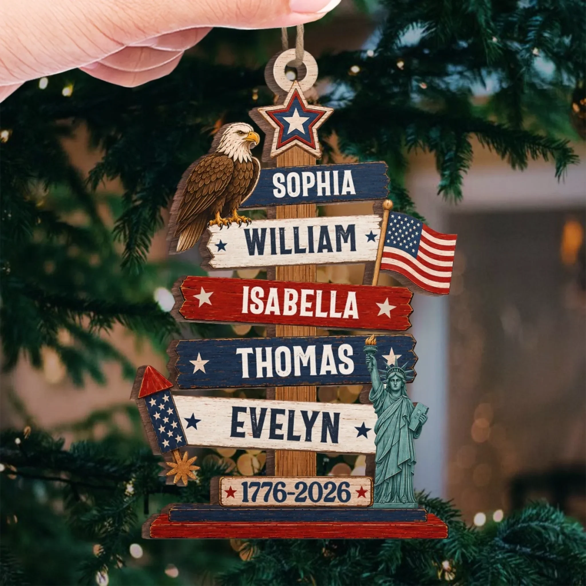 Custom Wooden Ornament - Personalized America 250th Anniversary Christmas Gifts For Mom, Dad, Brother, Sister - Standing Tall In Freedom And Love