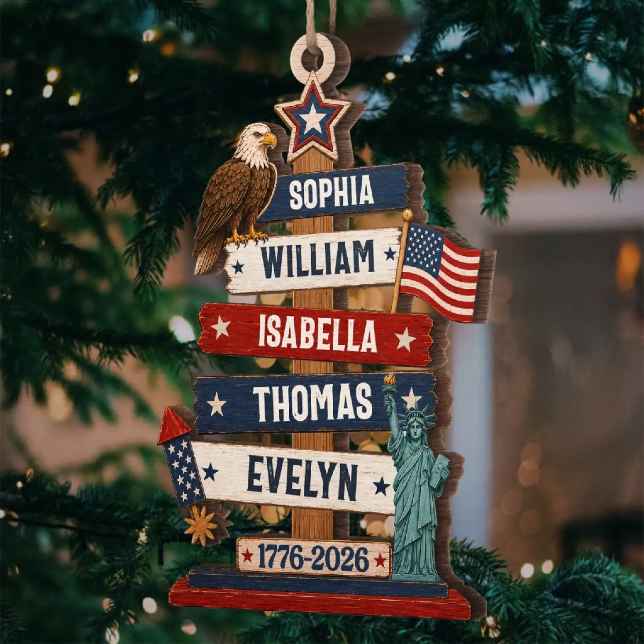 Custom Wooden Ornament - Personalized America 250th Anniversary Christmas Gifts For Mom, Dad, Brother, Sister - Standing Tall In Freedom And Love