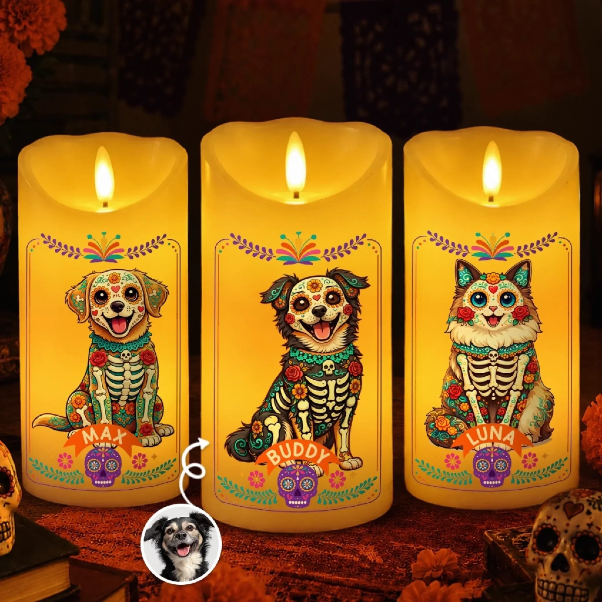 Custom Photo Day Of The Dead LED Candle - Personalized Pet Memorial Sympathy Gifts For Dogs, Cats - In Loving Memory - Mexican Hispanic Style
