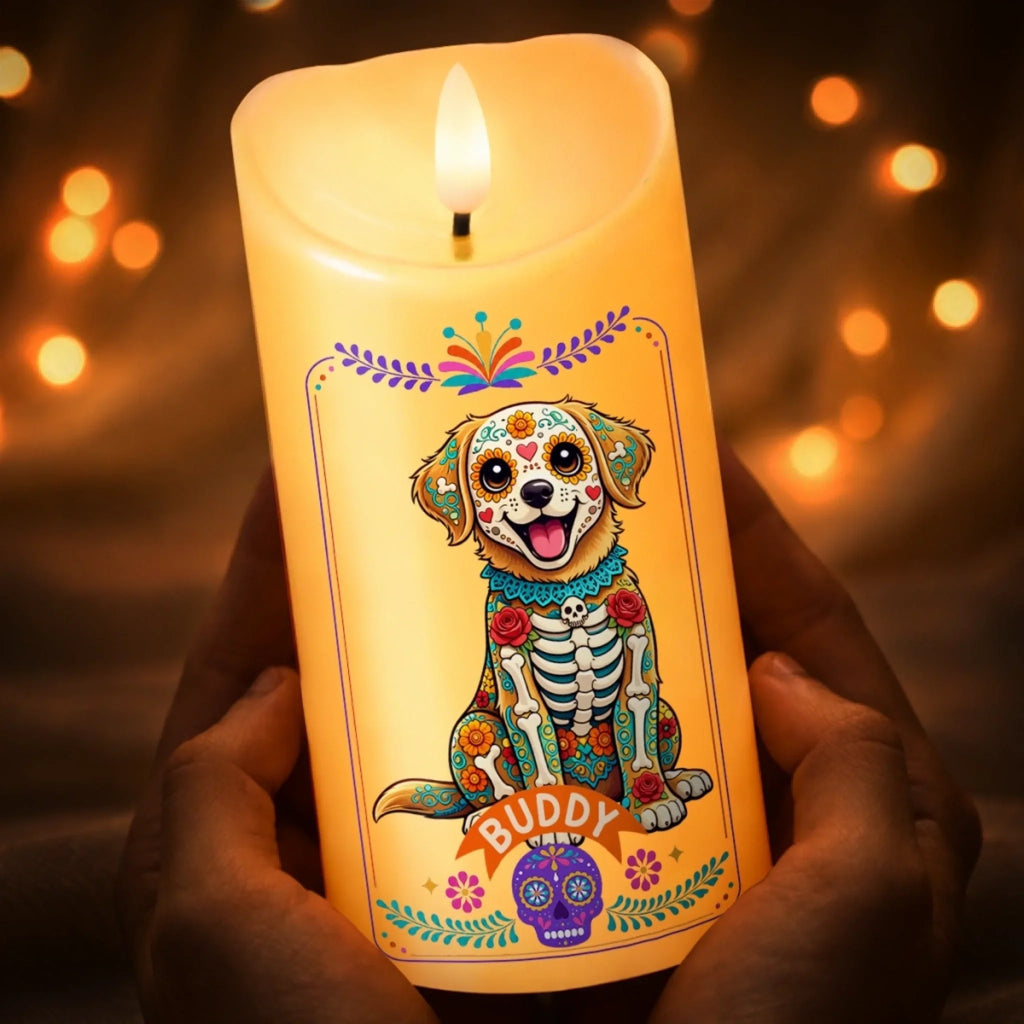 Custom Photo Day Of The Dead LED Candle - Personalized Pet Memorial Sympathy Gifts For Dogs, Cats - In Loving Memory - Mexican Hispanic Style