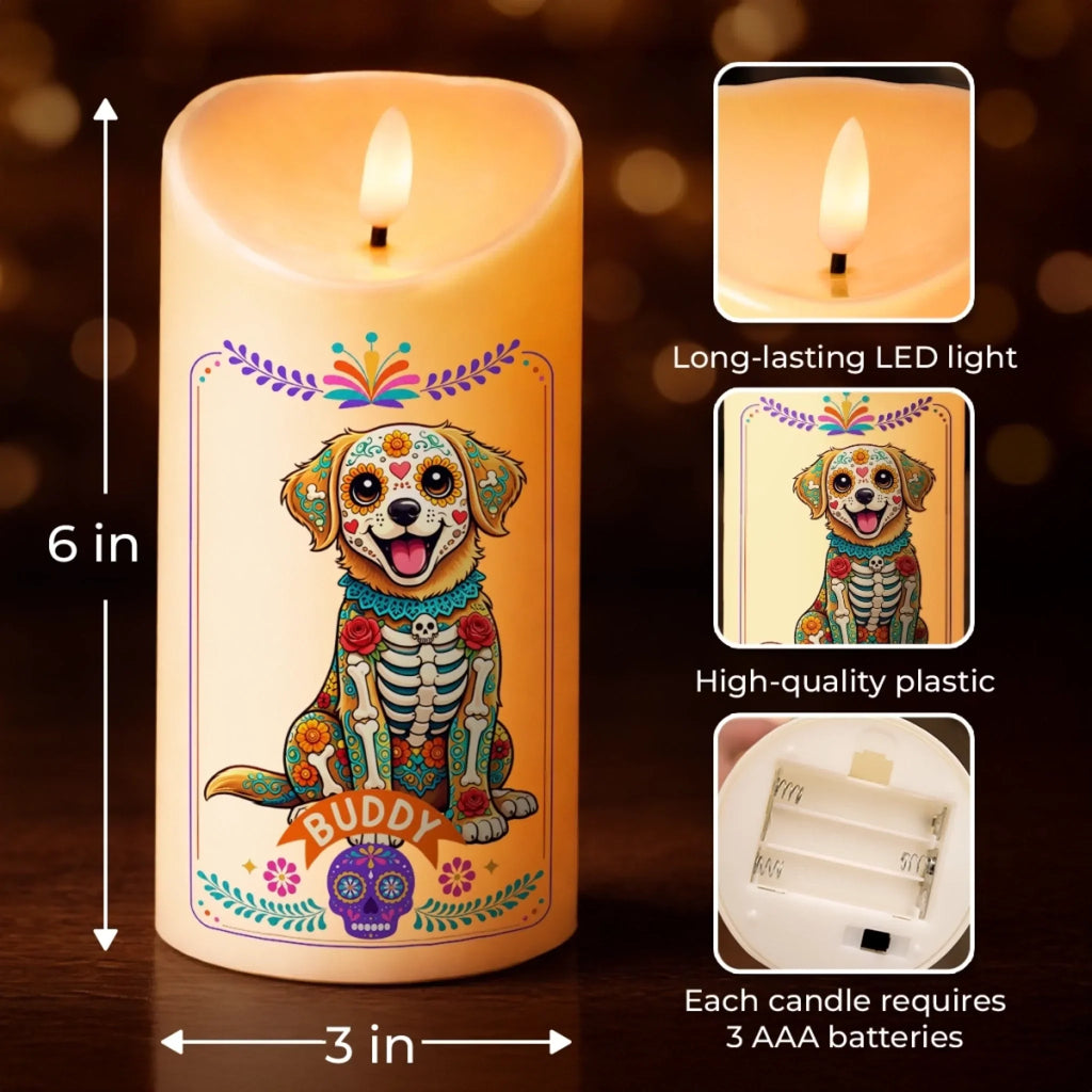 Custom Photo Day Of The Dead LED Candle - Personalized Pet Memorial Sympathy Gifts For Dogs, Cats - In Loving Memory - Mexican Hispanic Style