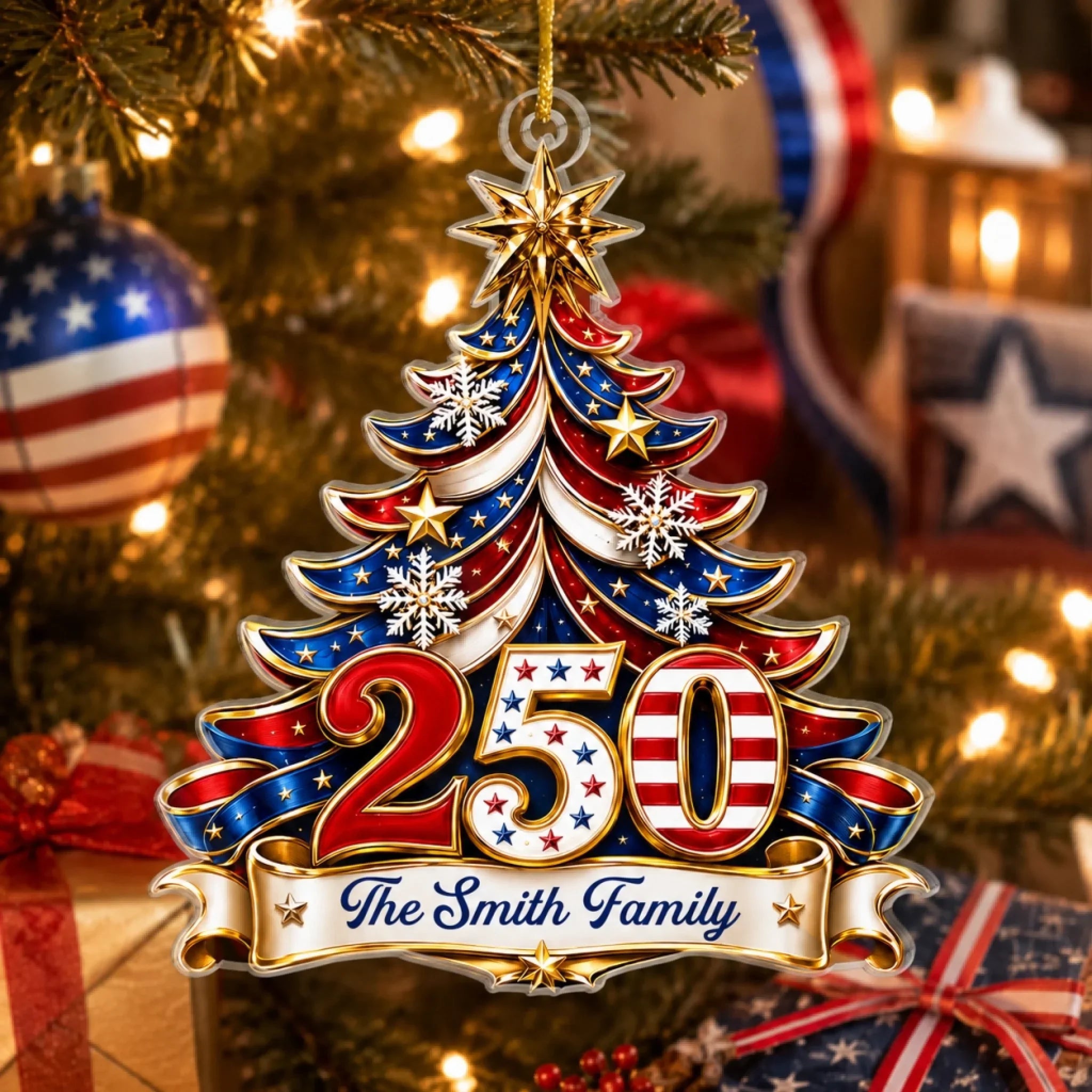 Custom Acrylic Ornament - Personalized America 250th Anniversary Christmas Gifts For Mom, Dad, Brother, Sister - Celebrating Freedom Together