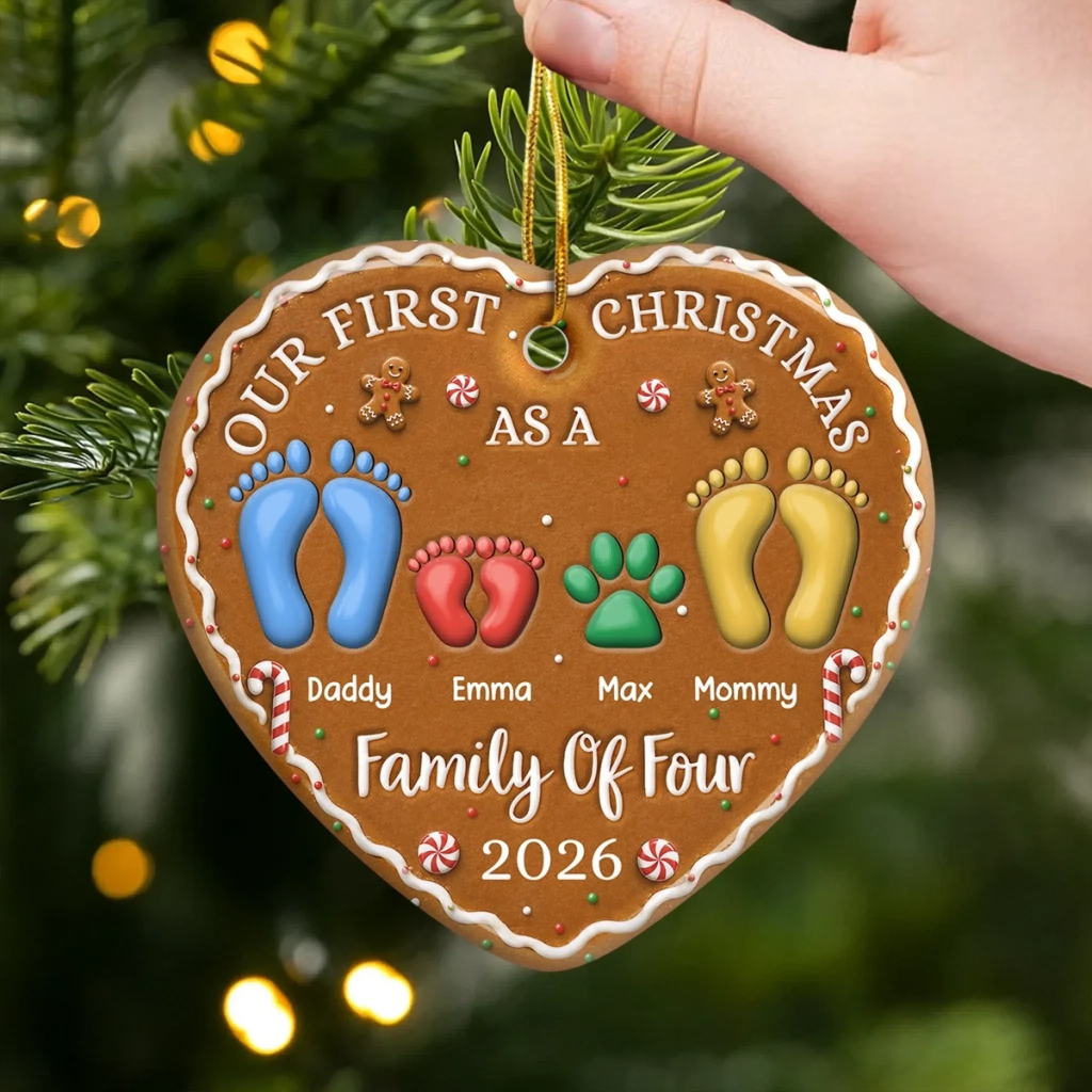 Custom First Christmas Ceramic Ornament - Personalized Christmas Baby Shower, Gender Reveal Gifts For New Moms, New Dads, New Parents - First Steps Into Family Love