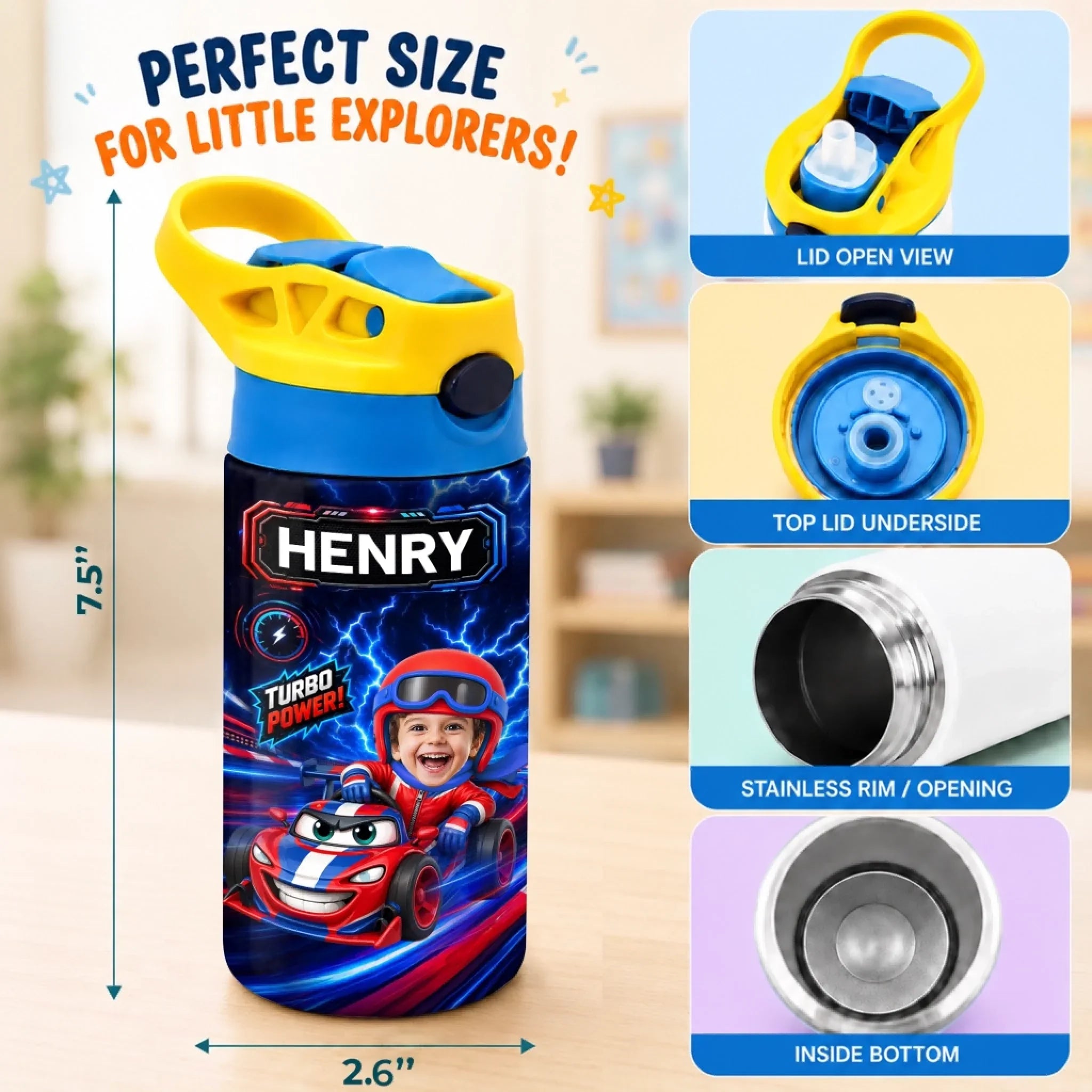 Custom Photo Kids Insulated Water Bottle - Personalized Back To School Gifts For Kids - Start Your Engines