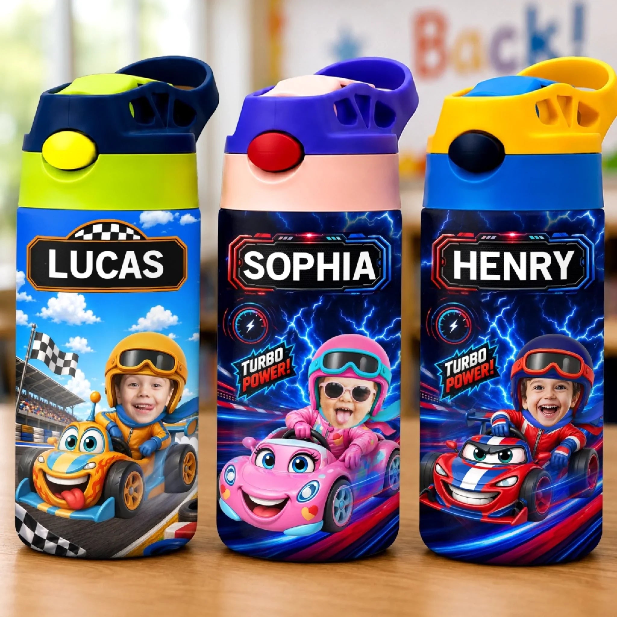 Custom Photo Kids Insulated Water Bottle - Personalized Back To School Gifts For Kids - Start Your Engines