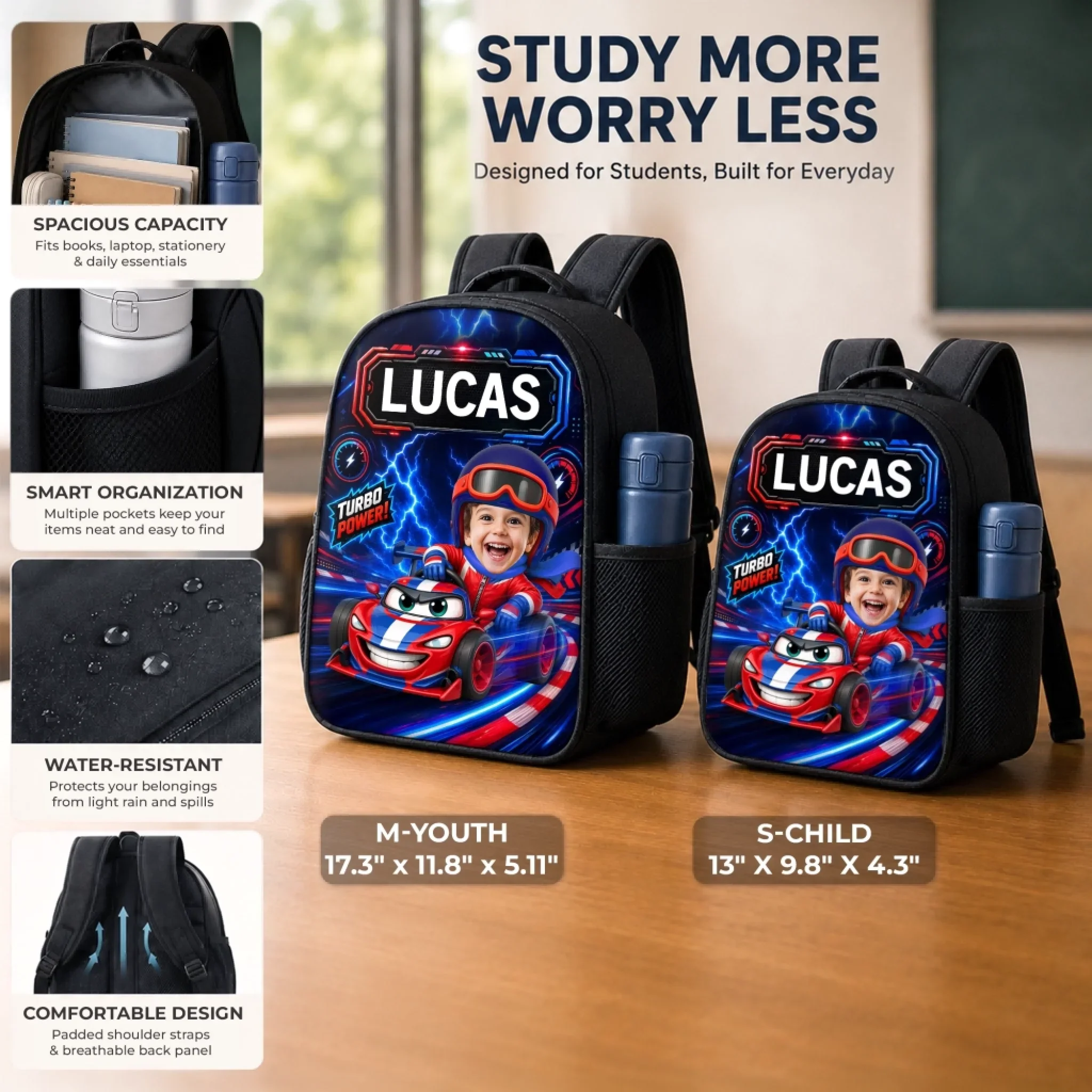 Custom Photo Kids Backpack & Water Bottle Set - Personalized Back To School Gifts For Kids - Driven To Explore