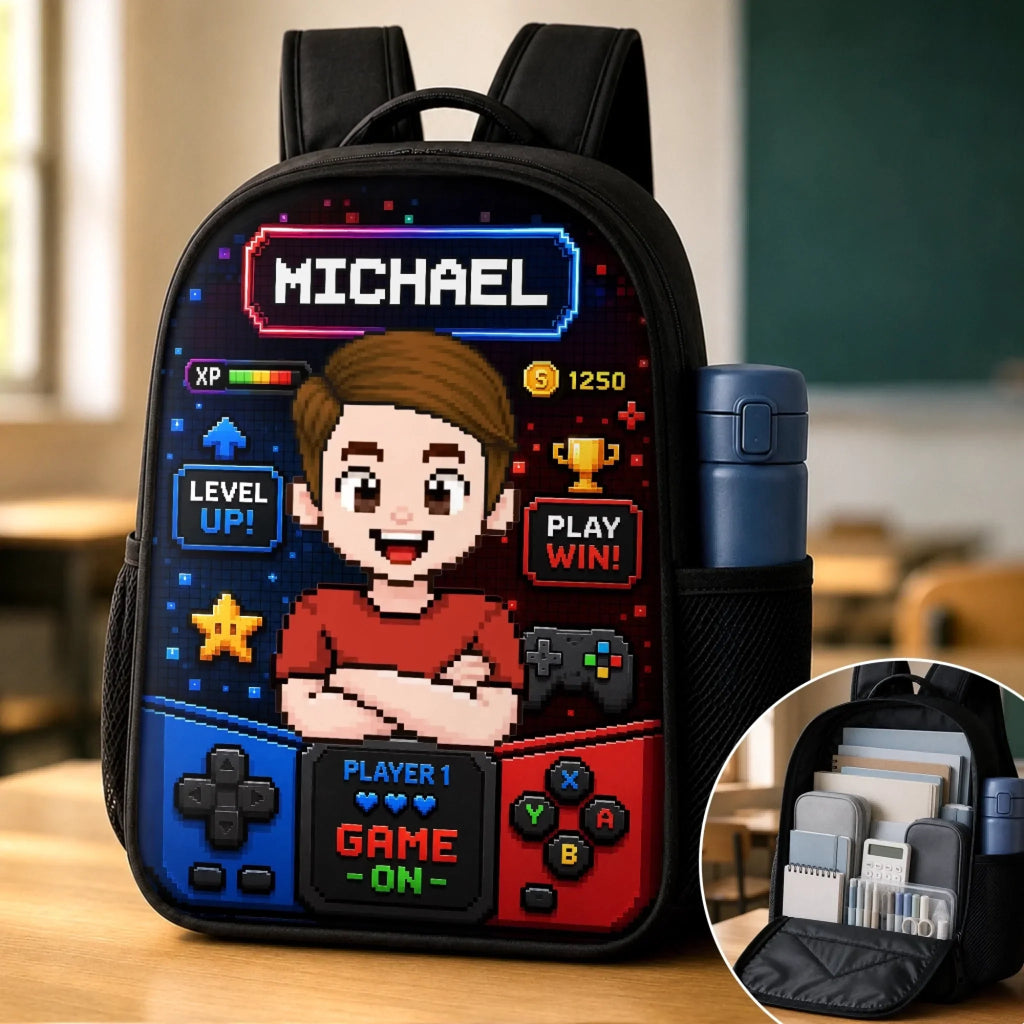 Custom Kids Front Printed Backpack - Personalized Back To School Gifts For Kids - School Mode Game On