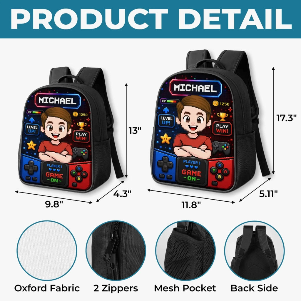 Custom Kids Front Printed Backpack - Personalized Back To School Gifts For Kids - School Mode Game On