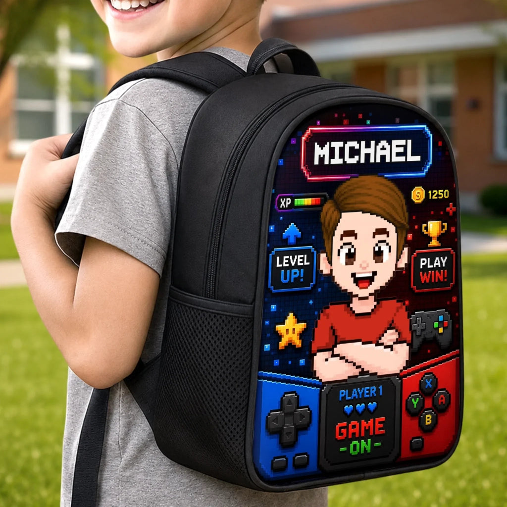 Custom Kids Front Printed Backpack - Personalized Back To School Gifts For Kids - School Mode Game On